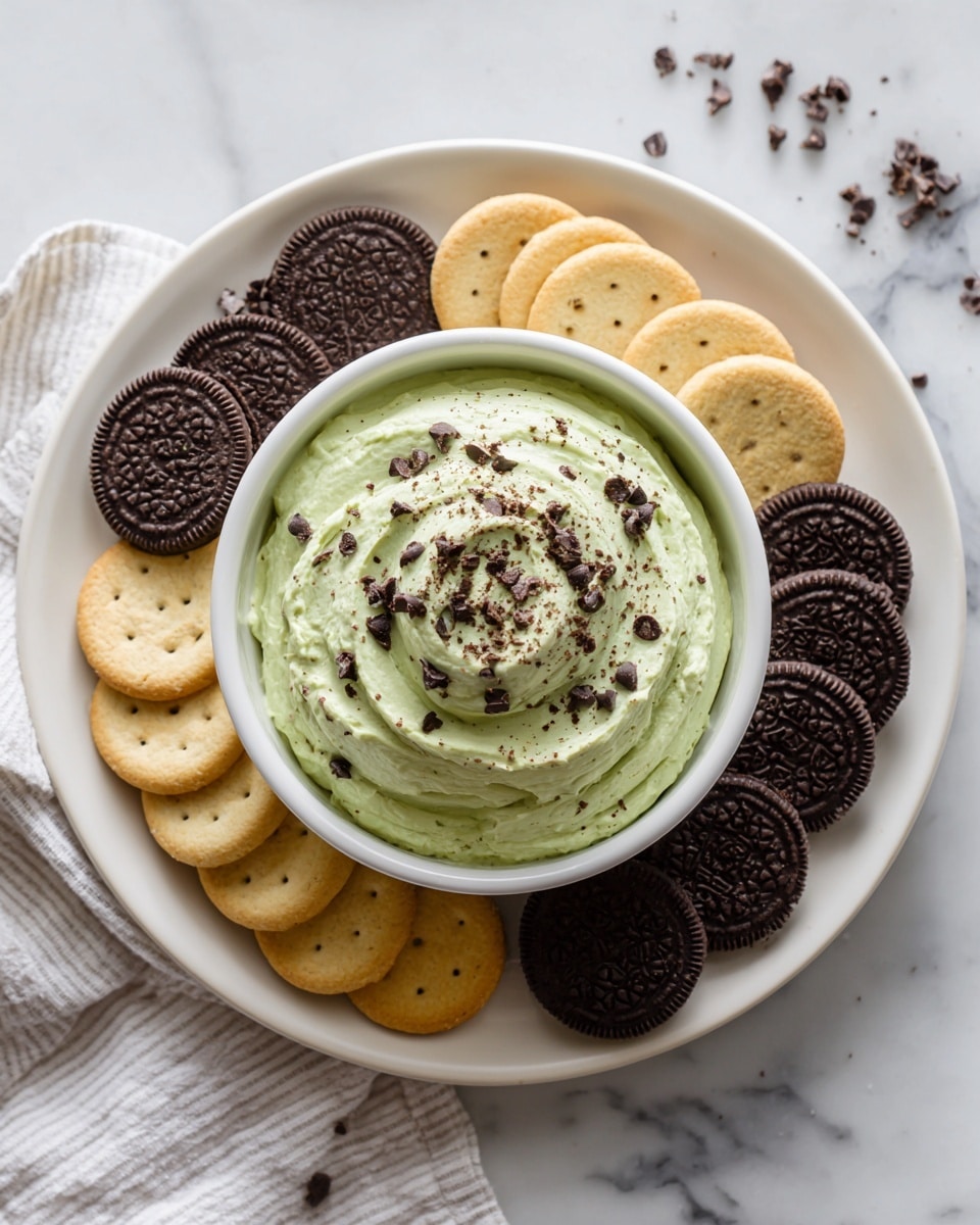 A white bowl holds a thick, light green creamy dip with small dark chocolate chips mixed inside and some scattered on the top. The bowl is in the center of a large white plate, which has two rows of small round cookies arranged evenly around the bowl; the inner row is dark chocolate sandwich cookies and the outer row is light golden vanilla wafers. The whole setup sits on a white marbled surface, with a white striped cloth partially visible in the background. Photo taken with an iphone --ar 4:5 --v 7