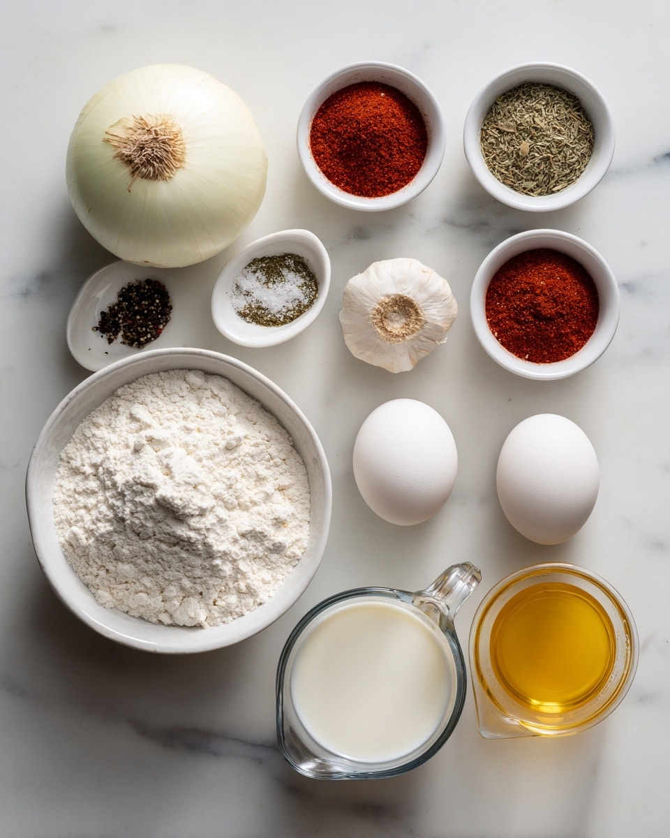 The image shows cooking ingredients arranged neatly on a white marbled surface. Near the bottom left is a white bowl filled with white flour, above it there is a whole white onion and to its right a whole garlic bulb. To the right of the onion are two small white bowls with black pepper and salt respectively. Above those are three small white bowls with red chili powder, brown ground spice, and dried herbs. To the right of these small bowls are two white eggs. At the bottom right side, there are two clear measuring cups with yellow cooking oil and white milk. The layout is clean and well-organized, with all items clearly visible and evenly spaced. photo taken with an iphone --ar 4:5 --v 7