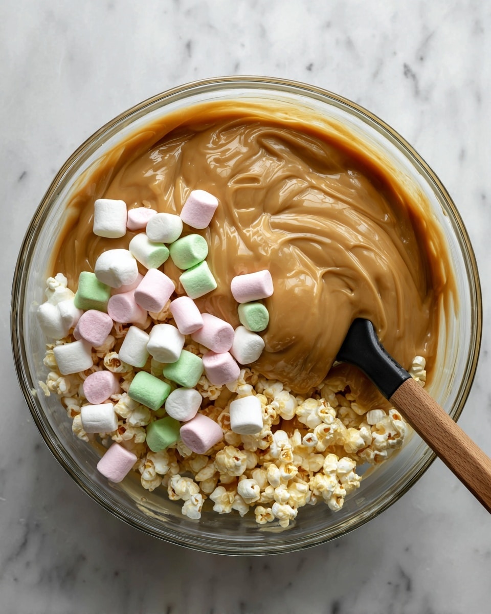 A clear glass bowl filled with a thick, smooth caramel-colored mixture that covers a layer of shiny, light yellow popcorn at the bottom, topped with small, soft pastel marshmallows in colors of pale pink, green, and white scattered unevenly on top. A black spatula with a wooden handle is partially submerged in the mixture, resting on the side inside the bowl. The bowl is set on a white marbled surface. Photo taken with an iphone --ar 4:5 --v 7