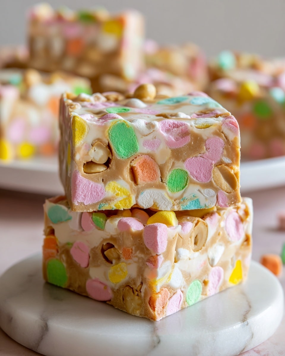 The image shows two thick squares of a peanut butter treat stacked on top of each other on a white marbled surface. Each square has one dense bottom layer packed with colorful pastel marshmallows in pink, green, yellow, and orange, embedded in a smooth peanut butter base. The top layer is a lighter peanut butter mix with more visible whole and chopped peanuts along with marshmallow chunks giving it a bumpy, textured look. In the background, other similar white plates with more pieces are slightly blurred. photo taken with an iphone --ar 4:5 --v 7