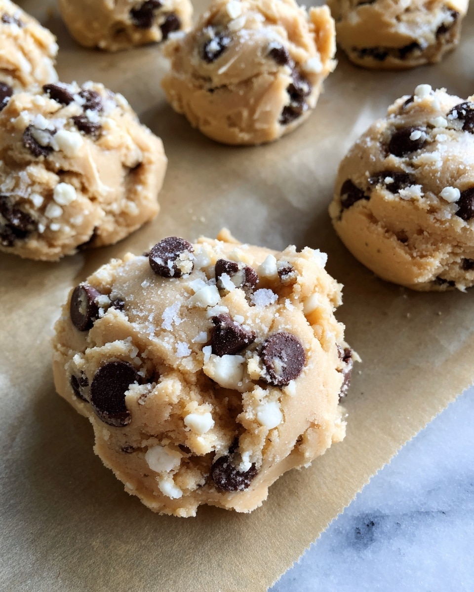 A close-up view of thick, light tan cookie dough rounds with visible dark brown chocolate chips and small white chunks mixed in, spread unevenly on light brown parchment paper inside a clear dish. The dough has a soft and slightly crumbly texture with some rough edges. The dish is placed on a white marbled surface. photo taken with an iphone --ar 4:5 --v 7
