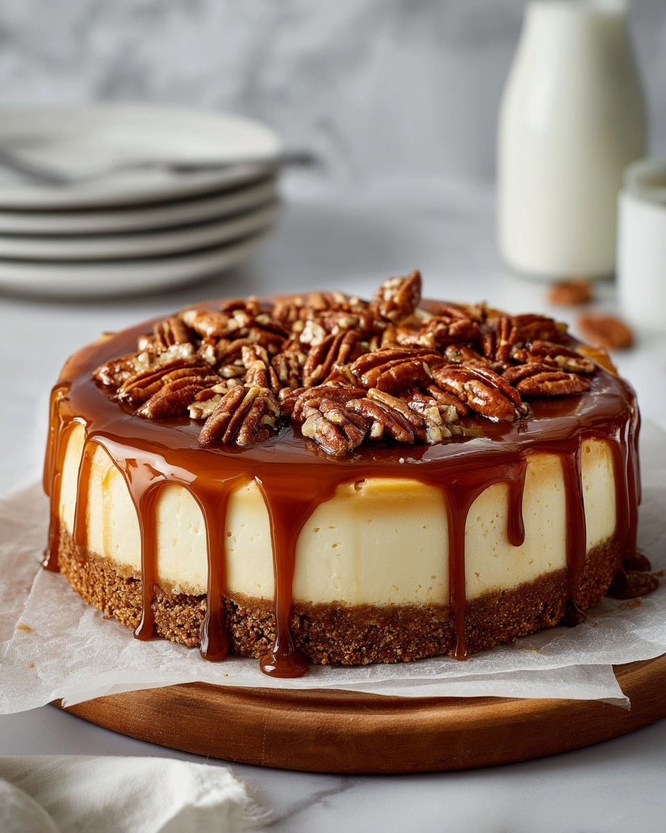 A thick round cheesecake with three layers is shown; the bottom layer is a brown crumbly crust, the middle layer is a smooth pale yellow cheesecake, and the top layer is covered with a rich, shiny dark caramel sauce mixed with a generous amount of glossy pecan halves. The caramel sauce drips slightly down the sides. The cake is placed on light parchment paper over a wooden board, with blurred white stacked plates and a milk bottle in the white marbled background. Photo taken with an iphone --ar 4:5 --v 7