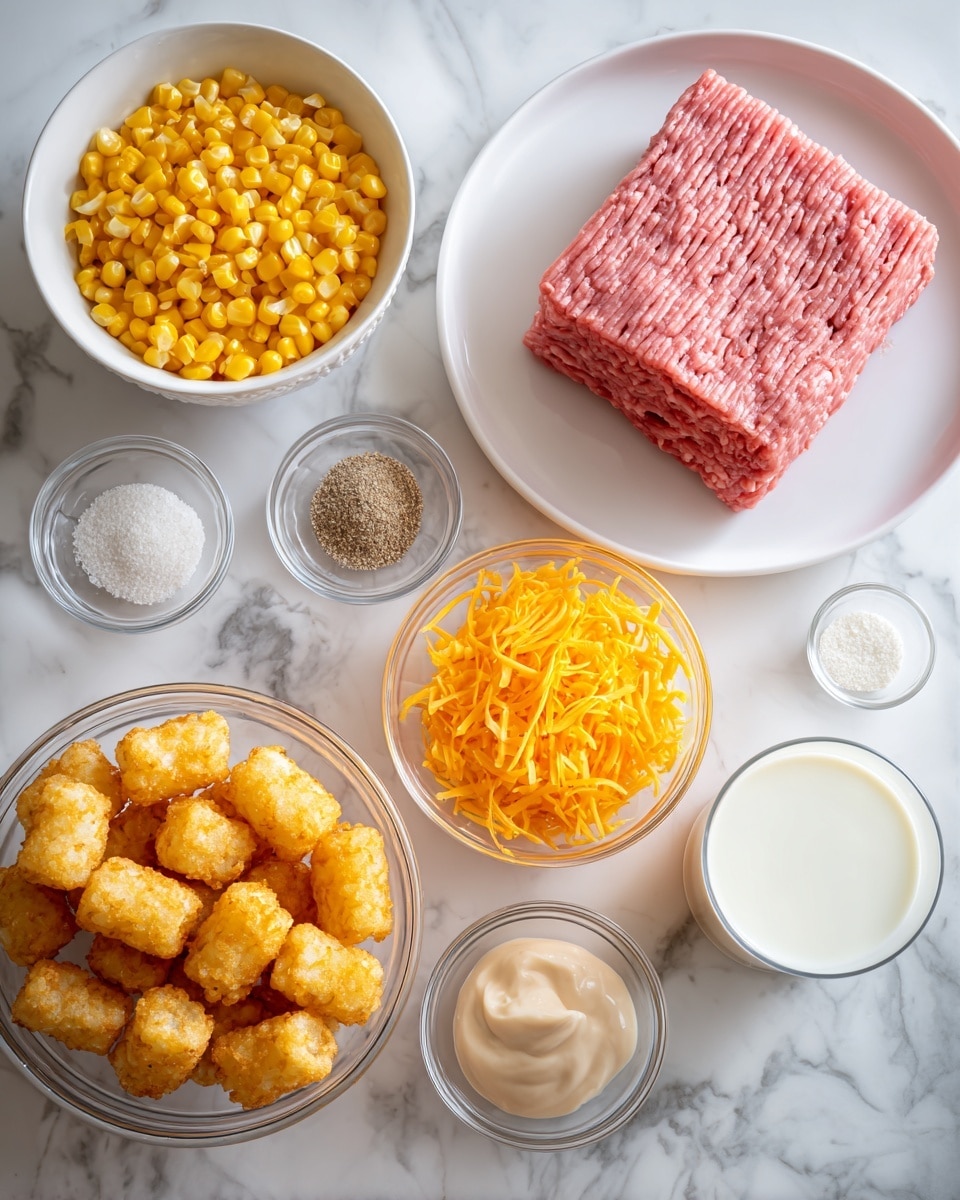 A white plate holds a square block of raw pink ground beef with clear texture lines on top right. To the left is a white bowl filled fully with bright yellow corn kernels. Below the beef, a pink transparent bowl contains bright orange shredded cheddar cheese. A smaller white bowl near the center holds a creamy pale beige sauce. Around these are four small clear glass bowls with light brown powder, white salt, black pepper, and white mayonnaise. At the bottom left, a large clear bowl is filled with golden crispy tater tots. Below right, a clear glass contains white milk. All items sit on a white marbled surface. Photo taken with an iphone --ar 4:5 --v 7