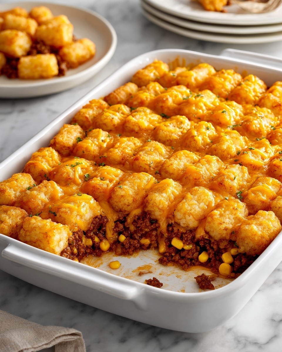 This image shows a white rectangular baking dish filled with a tater tot casserole. The top layer is a golden orange melted cheese, evenly spread over golden brown tater tots that are neatly arranged in rows. Underneath the tater tots, there is a layer of cooked ground meat mixed with yellow corn kernels visible on the side where a piece has been removed. The dish is placed on a white marbled surface, and in the background, there is a white plate and another white bowl with more of the same dish. Photo taken with an iphone --ar 4:5 --v 7