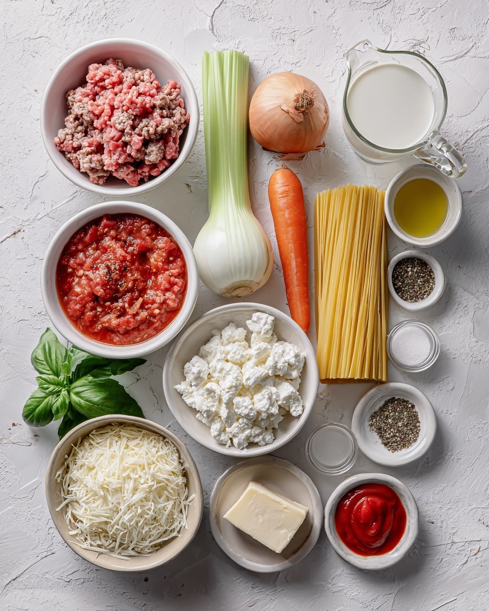The image shows various ingredients neatly arranged on a white marbled textured surface. There are two white bowls at the top filled with raw ground pork and beef, a whole onion in the center, and a stalk of celery with a carrot below it. To the right, a white measuring cup holds crushed tomatoes, next to a small glass of white wine and a clear glass pitcher with light broth. Long strips of yellow pasta are stacked vertically in the middle. Near the bottom left, a white bowl contains shredded mozzarella, and fresh green basil leaves are placed beside it. A small white bowl with Italian seasoning sits nearby. Towards the bottom center, a beige bowl is filled with white ricotta cheese, with a white round bowl of oil above it. On the bottom right, there is a block of parmesan cheese, a small white bowl with bright red tomato paste, and a clear glass cup with milk. A small white bowl of salt and pepper is next to the milk. The ingredients are labeled with simple text. Photo taken with an iphone --ar 4:5 --v 7