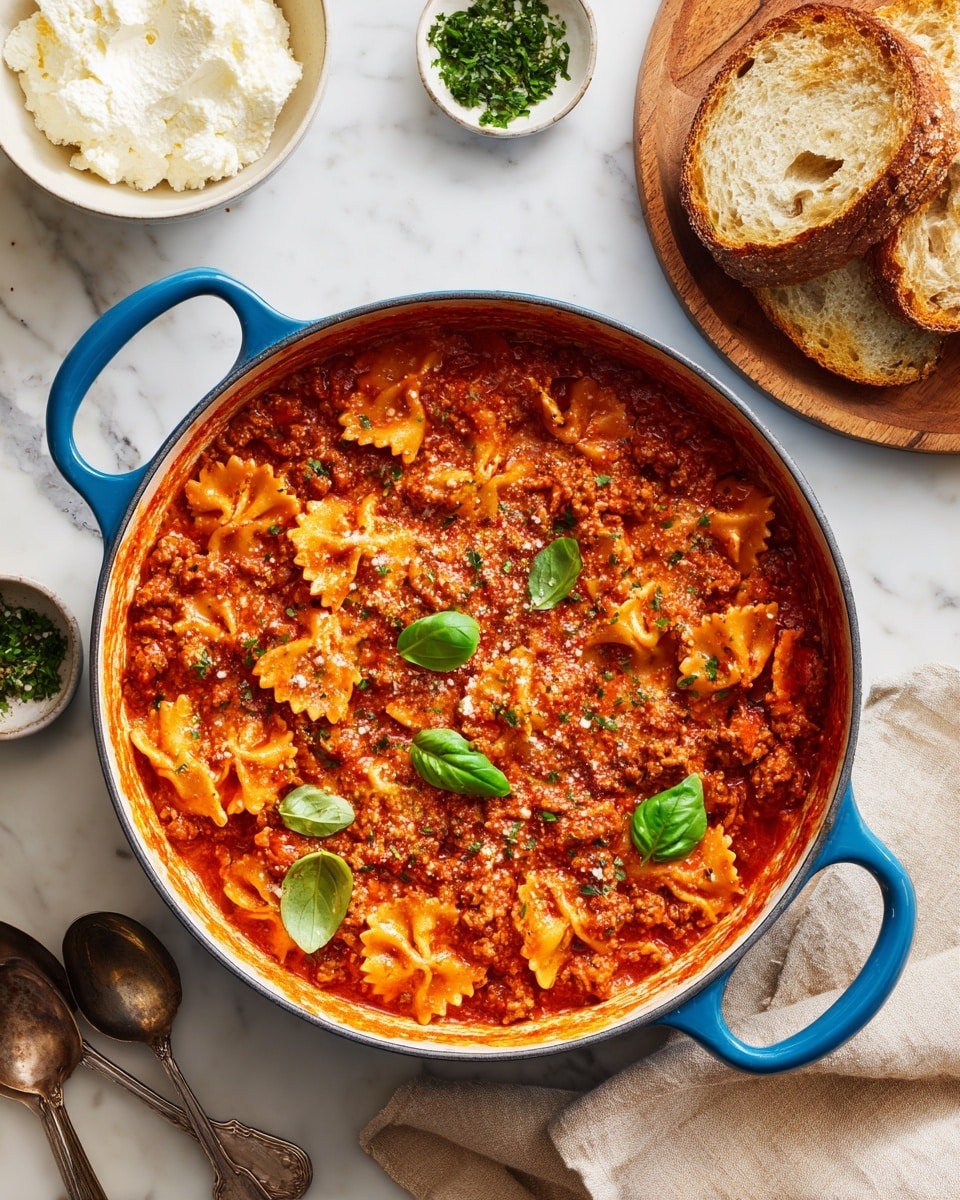 A large blue pot filled with rich red tomato sauce with ruffled edge pasta pieces and small bits of ground meat spread evenly throughout, topped with bright green basil leaves; to the top left, a white bowl containing soft, creamy ricotta cheese; to the top right, a wooden plate with several thick slices of bread showing a crusty golden-brown outside and soft light beige inside; scattered around are a small white bowl with chopped herbs, a pair of vintage silver spoons to the left, and a beige cloth napkin folded beside the pot; all set on a white marbled surface. photo taken with an iphone --ar 4:5 --v 7