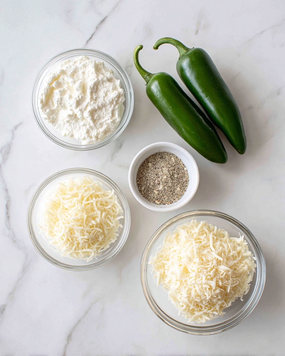 The image shows five ingredients placed on a white marbled surface. In the top left, there is a small clear glass bowl with white cream cheese. Two green jalapeños lie in the center, side by side. To the right, a small white bowl holds a mix of garlic powder, salt, and black pepper. Below the cream cheese, a small clear bowl contains shredded mozzarella cheese that is pale yellow. At the bottom right, another clear bowl is filled with finely grated light yellow parmesan cheese. The items are arranged neatly with space between them, creating a clean and organized look. Photo taken with an iphone --ar 4:5 --v 7