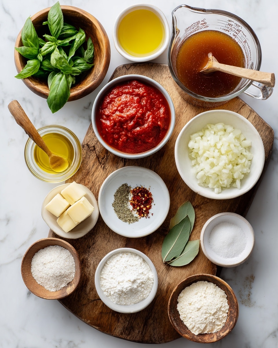 The image shows a wooden cutting board on a white marbled surface with various small white bowls and wooden containers holding ingredients. At the top left, there's a small wooden bowl filled with fresh green basil leaves. Below it, a white bowl with bright red tomato puree, and next to it, a small metal container with a thick red tomato paste and a wooden spoon. On the top right, a large clear measuring cup with brown vegetable broth is visible. In the middle right, a white bowl holds chopped white-yellow onion pieces, and next to it a small white dish has dried red pepper flakes and dried basil. Two green bay leaves lie directly on the cutting board near the center. At the bottom right, wooden bowls hold white flour and sugar. Near the bottom center, a small white bowl has kosher salt with a wooden spoon, and a tiny bowl of pepper sits next to it. Close by, a glass container holds clear golden olive oil, a small bowl contains creamy light yellow butter cubes, and a glass dish has minced garlic. The composition looks clean and organized. Photo taken with an iphone --ar 4:5 --v 7