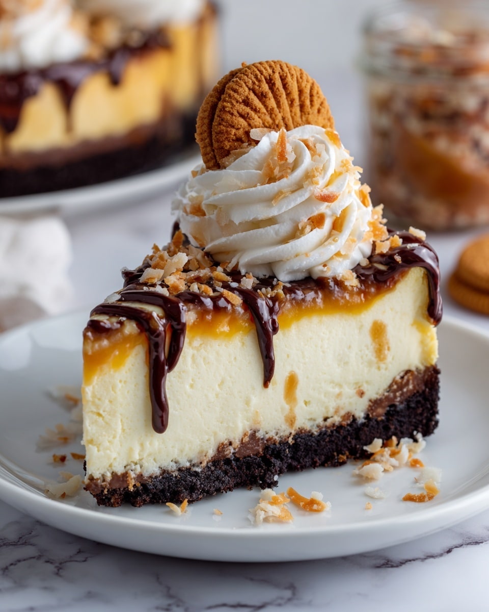 A slice of cheesecake with three layers sits on a white plate on a white marbled surface. The bottom layer is a dark, dense crust. The middle layer is thick, pale yellow cheesecake with a smooth texture. The top layer has toasted coconut, caramel, and a drizzle of dark chocolate. There is a swirl of white whipped cream on top with a round cookie covered in toasted coconut and chocolate drizzle placed in the whipped cream. Around the plate are similar cookies and jars with caramel and coconut. Photo taken with an iphone --ar 4:5 --v 7