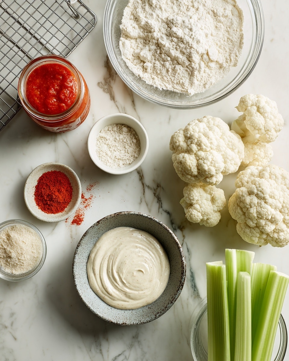 The image shows a cooking setup on a white marbled surface with a whole cauliflower and several cauliflower florets spread around the center. At the top, there is a large clear glass bowl filled with white flour and a small bowl with a light beige powder. To the left, an open jar of bright red sauce stands next to the cauliflower pieces. On the bottom left, there is a small white bowl containing red powder, next to a small white bowl with light beige granules. Toward the bottom center, a textured gray bowl holds a light beige creamy sauce with specks, formed into a swirl. On the bottom right, a glass cup is filled with fresh green celery sticks standing upright. A metal cooling rack is partly visible on the left edge. photo taken with an iphone --ar 4:5 --v 7