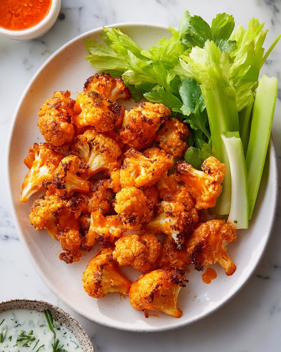 A white oval plate holds about a dozen crispy cauliflower pieces covered in bright orange sauce, showing a crunchy texture with some browned spots, arranged in the middle of the plate. On the right side of the plate, three light green celery stalks with fresh leaves sit upright, adding a contrasting color and texture. The plate rests on a white marbled surface with a small bowl of creamy white dip with green herbs visible on the bottom left corner and another bowl of red sauce near it. The lighting highlights the glossy sauce on the cauliflower, making it look fresh and appetizing. Photo taken with an iphone --ar 4:5 --v 7