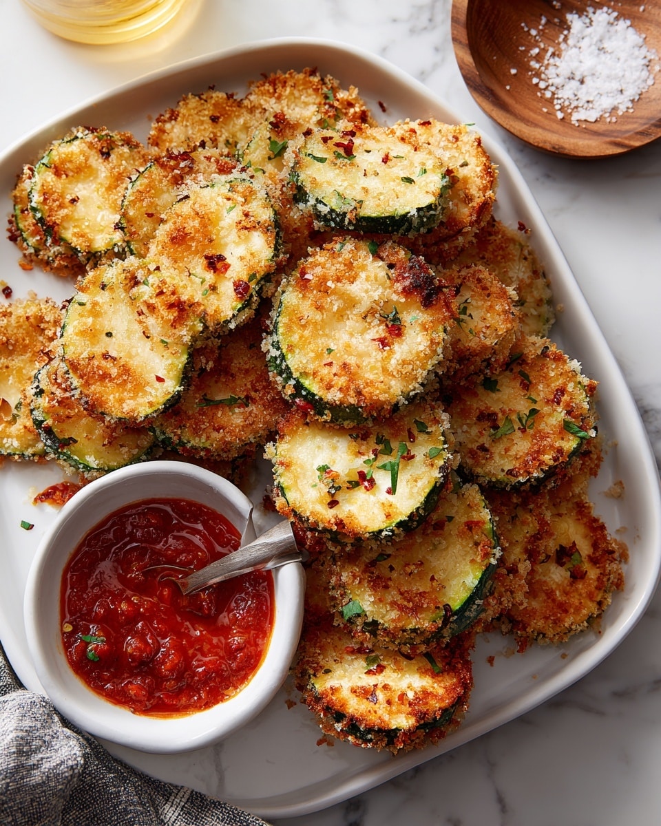The image shows a white tray with several round pieces of zucchini coated in a crispy, golden-brown crumb layer sprinkled with green herbs and small red flakes. The zucchini slices are stacked and layered chaotically across the tray, showing a light green edge with white and golden crunchy centers. On the lower right side, a small white bowl filled with a bright red chunky sauce sits, with a silver spoon resting inside. The background has a white marbled texture with a wooden plate containing coarse salt and part of a glass with a yellow liquid visible on the edges. photo taken with an iphone --ar 4:5 --v 7