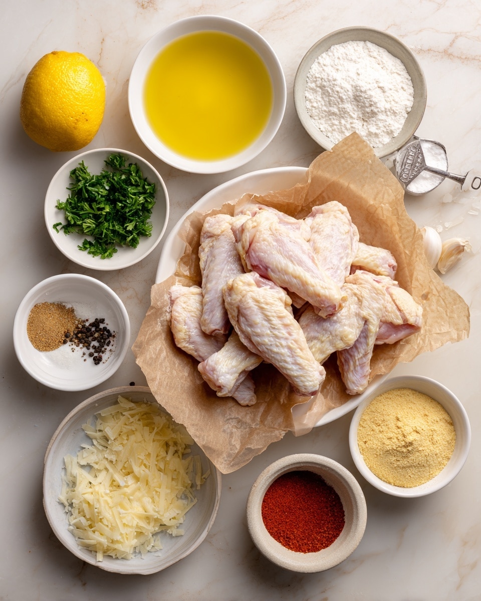 A white plate lined with brown parchment paper holds raw chicken wings with pale pink and white skin, placed in the lower center. Above them, a white bowl filled with light yellow oil sits slightly right. To the left of the oil is a small white bowl of chopped green parsley. Above parsley, a whole bright yellow lemon rests on the white marbled texture. Near the lemon, a small white triangular dish contains black and white salt and pepper. To the right of the oil, there is a white bowl of white baking powder with a slightly grainy texture. Beside the baking powder is a white divided dish with three sections holding pale yellow onion powder on the left, reddish-brown paprika in the middle, and light beige garlic powder on the right. Below that, a small white bowl is filled with pale off-white grated Parmesan cheese. In the lower right, a white bowl holds melted yellow butter. At the bottom left, a silver grater with some grated garlic sits flat, with a few fresh garlic cloves nearby on the white marbled texture photo taken with an iphone --ar 4:5 --v 7