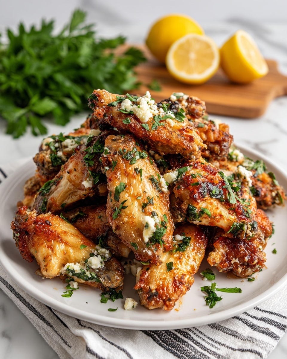 A white plate full of golden brown chicken wings covered with small green parsley leaves and bits of melted white cheese. The wings are piled on top of each other in a casual way, showing crispy and slightly rough texture with some darker browned spots. Behind the plate, there are fresh green parsley leaves and two halves of a yellow lemon resting on a wooden board, set against a white marbled surface. A white cloth with black stripes is partially visible under the plate. Photo taken with an iphone --ar 4:5 --v 7