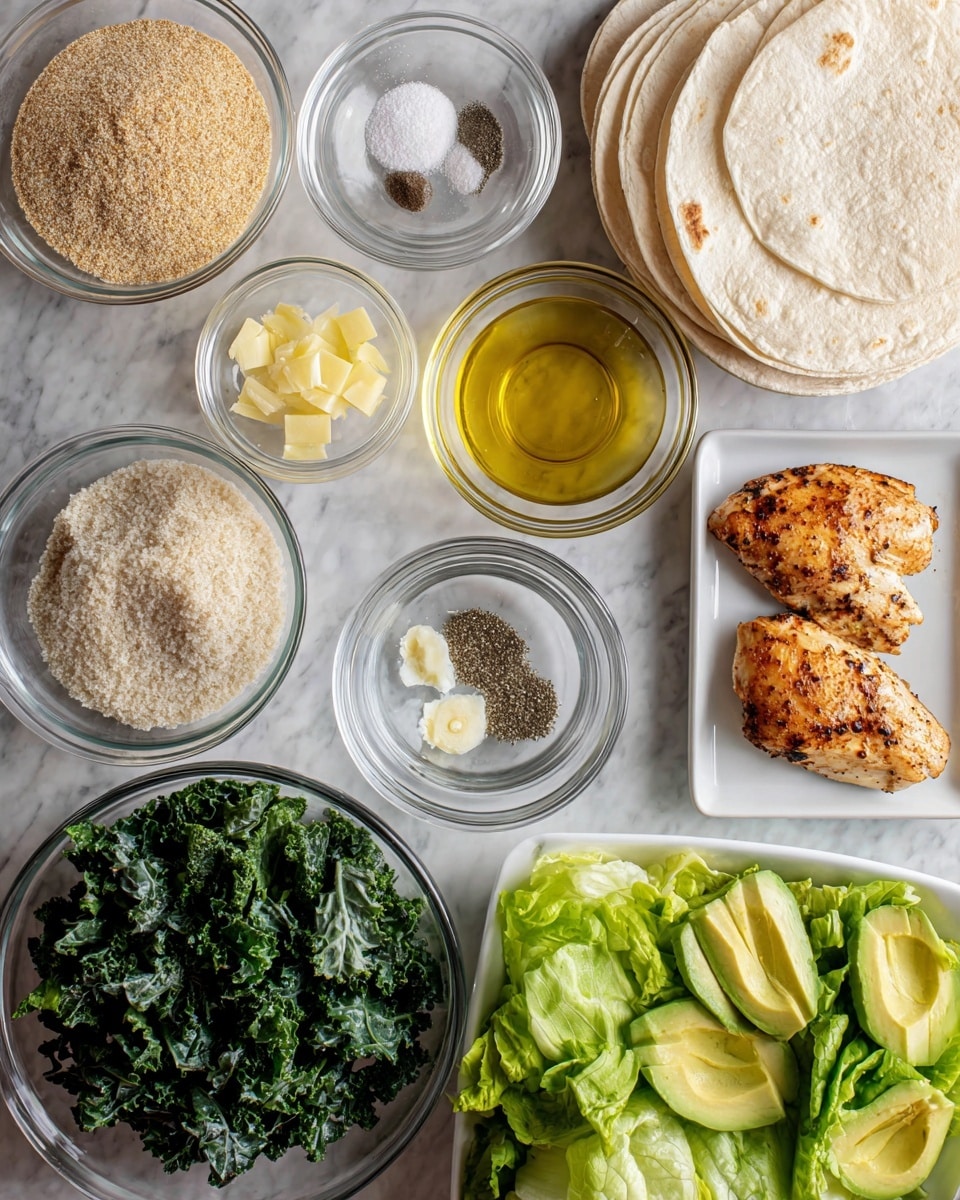 The image shows many clear glass bowls and a white square plate on a white marbled surface. From top left, the clear bowls hold light tan panko bread crumbs, golden olive oil, a small piece of pale yellow butter, white salt, and ground black pepper. Below them are more clear bowls with light brown tahini, pale yellow lemon juice, golden olive oil again, white chopped garlic, and clear water. To the lower left side, there is a clear bowl filled with dark green chopped Tuscan kale, a clear bowl with light green chopped romaine heart lettuce, and a white square plate holding two grilled chicken pieces with a golden-brown outside. Near the bottom left, a clear bowl contains a mix of black, white, and tan everything but the bagel seasoning, and another clear bowl with bright green sliced avocado. To the right, stacked white flour tortillas rest partially in view. The whole set is displayed neatly with labels above each bowl and plate. Photo taken with an iphone --ar 4:5 --v 7