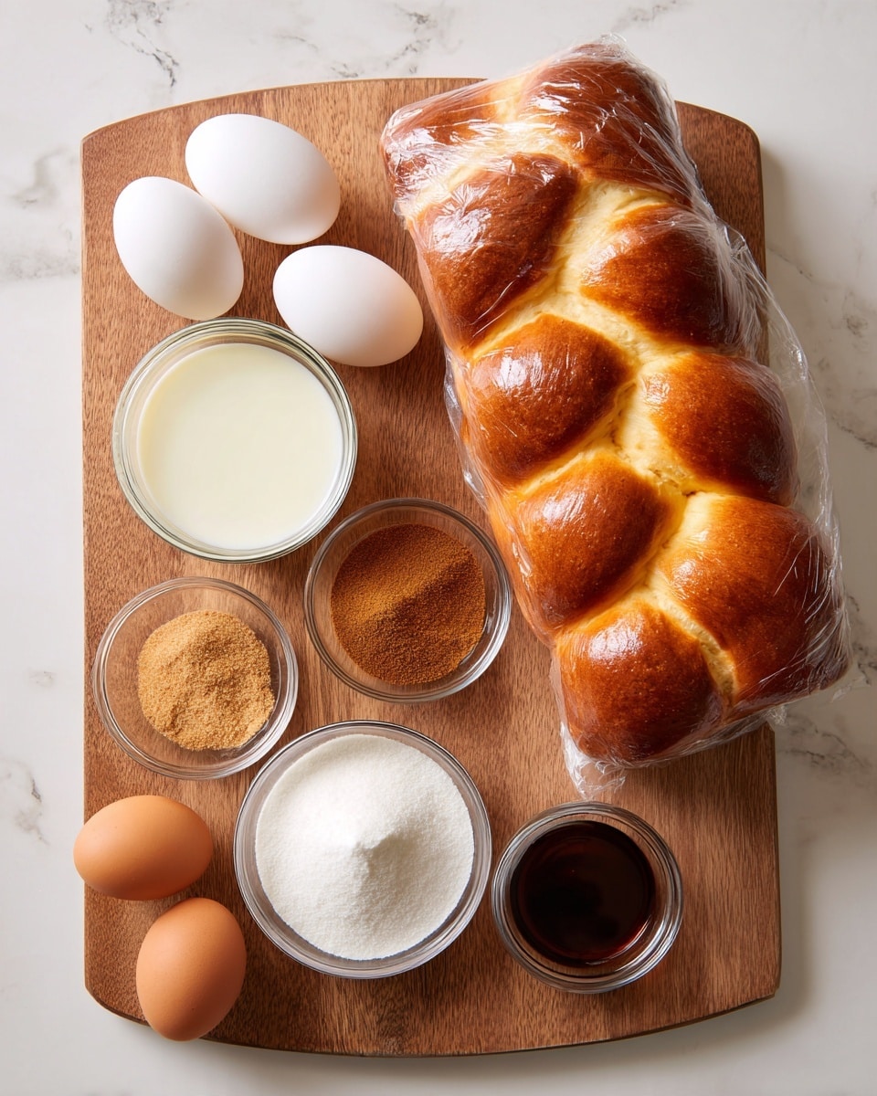 The image shows a wooden cutting board on a white marbled surface with ingredients for a recipe arranged on it. On the top right, there is a large pack of brioche bread wrapped in clear plastic. To the left side, there are three white eggs placed together. Near the eggs, a small white bowl holds light brown brown sugar. At the bottom left, there is a small glass bowl filled with white milk. In the middle, a small silver bowl has a mixture of cinnamon, nutmeg, and salt in warm brown and off-white colors. On the bottom right, another small silver bowl contains dark vanilla extract. The arrangement is neat, with ingredients spaced apart clearly. photo taken with an iphone --ar 4:5 --v 7