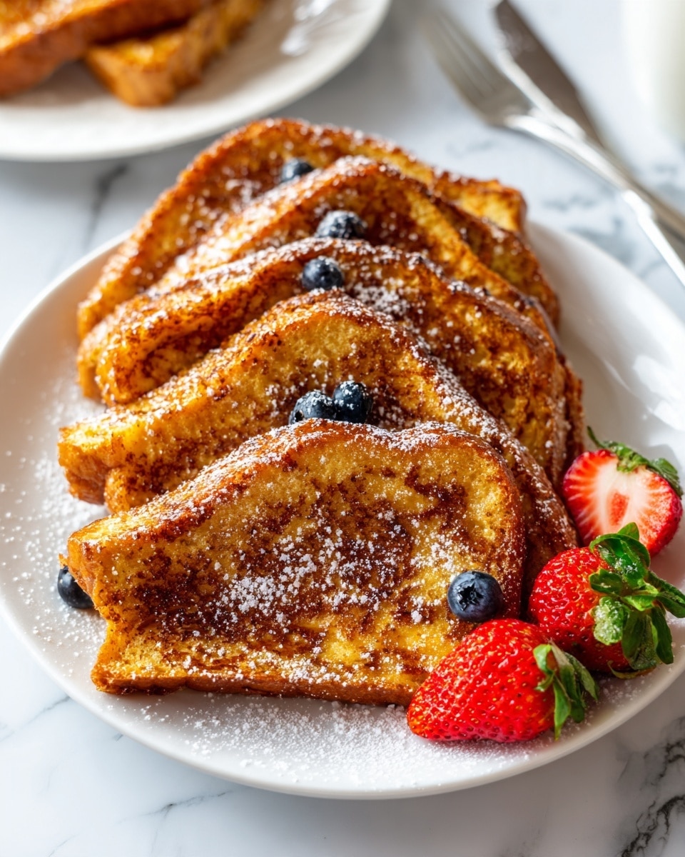 A white bowl holds five folded slices of golden-brown French toast with visible cinnamon specks, arranged closely in a staggered row. On top of the slices are a few dark blue blueberries, adding pops of color. Two whole strawberries with green leafy tops and two strawberry halves rest beside the toast, showing bright red and white interiors. A light dusting of powdered sugar is scattered over the toast and fruit. The background features a white marbled surface with partial views of another white plate of folded French toast and a knife. photo taken with an iphone --ar 4:5 --v 7