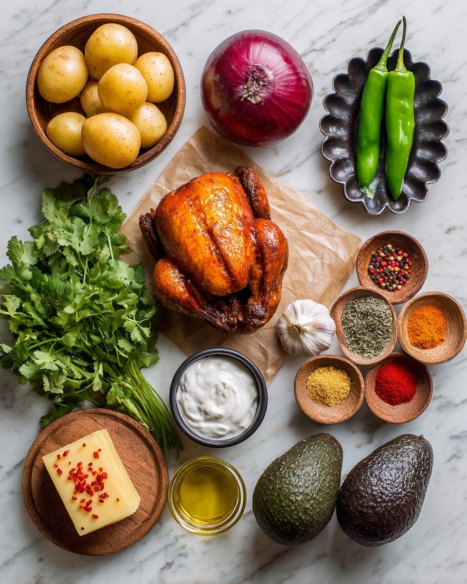 The image shows a spread of fresh ingredients on a wooden surface with a white marbled texture background. At the center right, there is a whole roasted chicken with glossy, crispy golden brown skin placed on parchment paper. Above the chicken, two bright green chili peppers lie side by side. Next to them is a small glass bowl filled with golden olive oil. Slightly above, a whole red onion and a white garlic bulb are placed close together. At the top right, a dark, scalloped bowl holds various colorful spices in small piles including red, orange, brown, black, green, and white powders. Towards the center left, two ripe red tomatoes with green stems rest near two dark purple avocados. Below them, a small black bowl contains white sour cream. At the bottom left, a cluster of fresh green cilantro leaves sits next to a slice of light yellow cheese with red pepper flakes on a small wooden board. At the top left, a round wooden bowl is filled with pale yellow baby potatoes. photo taken with an iphone --ar 4:5 --v 7