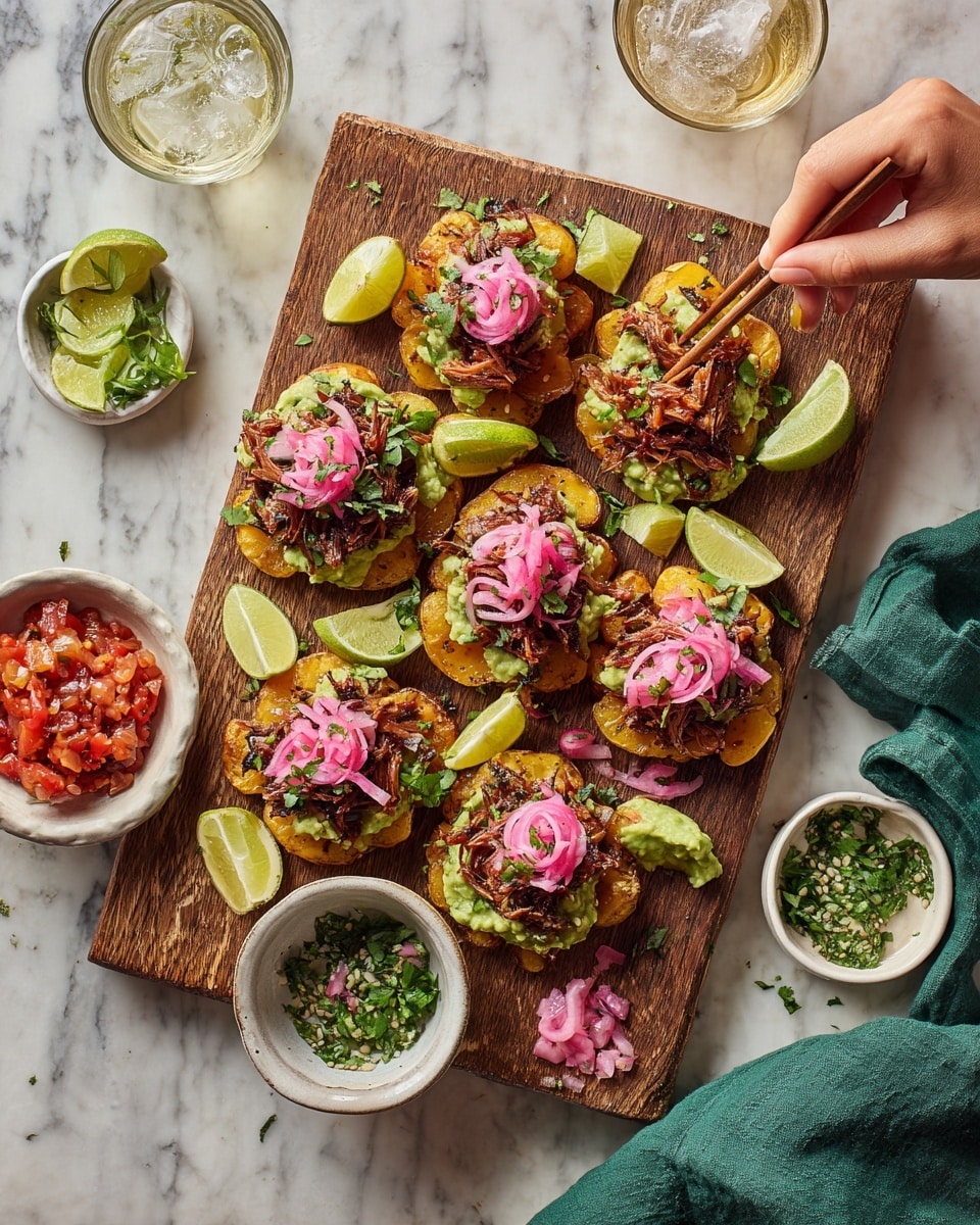 A wooden board holds about ten crispy smashed potatoes, each topped with a layer of green guacamole, a small pile of shredded pinkish meat, bright red diced tomatoes mixed with small green herbs, and a few thin slices of pickled pink onions. There are wedges of lime scattered on the board. Around the board are small white bowls with red sauce, chopped green herbs, and pickled pink onions, plus two small glasses of clear sparkling water with lime wedges. A woman’s hand is seen using wooden chopsticks to pick up some shredded meat from one of the bowls. The whole setup is on a white marbled surface with green cloth napkins nearby. photo taken with an iphone --ar 4:5 --v 7