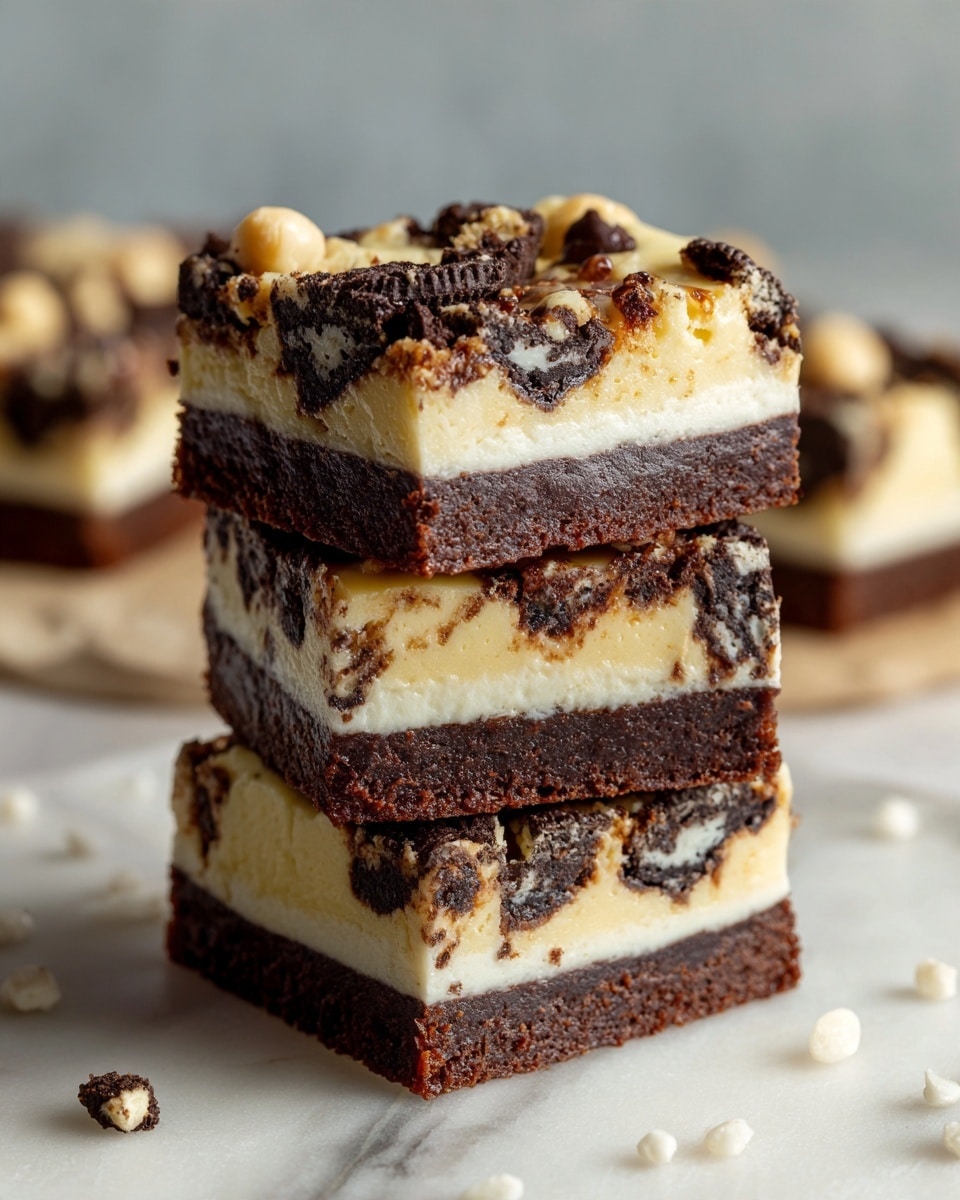 A square dessert bar with three visible layers: the bottom layer is dark brown and dense with a fudgy texture, the middle layer is white and creamy, and the top layer is pale yellow custard-like with scattered chunks of dark chocolate cookies, some showing the light cream filling inside. The bar is set against a white marbled surface with a slightly blurred background. Photo taken with an iphone --ar 4:5 --v 7