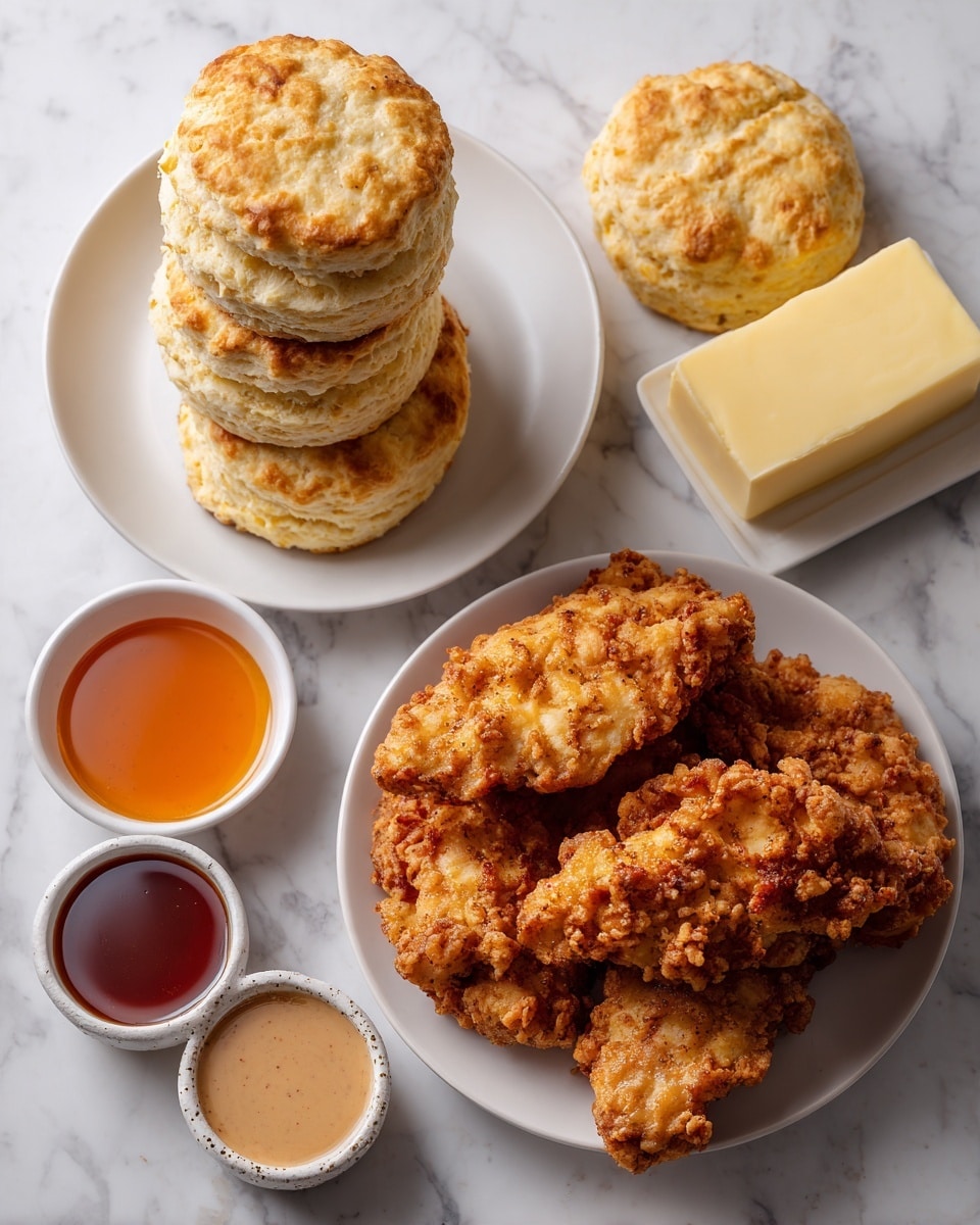 The image shows a white plate with a stack of five golden brown biscuits with visible flaky layers on top left side. To the right, three separate biscuits rest on a white marbled surface. Below the biscuits on the right, a white plate holds several crispy, golden fried chicken strips stacked unevenly. At the bottom left, there are three small white bowls with different sauces: a light orange honey, a dark reddish-brown chipotle in adobo, and a light brown vanilla sauce in a small bowl with speckled edges. Next to the sauces is a rectangular piece of pale yellow butter on a white marbled surface. The background is white marbled texture. photo taken with an iphone --ar 4:5 --v 7