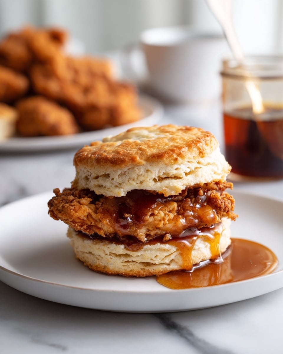 A white plate on a white marbled surface holds a biscuit sandwich with two flaky, golden brown biscuit layers, one on top and one on the bottom. Between the biscuit layers is a single piece of crispy fried chicken, dark golden and textured. A light brown syrup is dripping down from the biscuit top, pooling slightly on the plate. In the background, there is a clear glass jar with light brown syrup inside and a spoon sticking out, along with another white plate holding more pieces of fried chicken. photo taken with an iphone --ar 4:5 --v 7