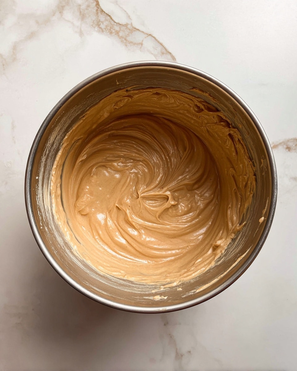 A top view of a shiny metal mixing bowl with a thick, smooth, light brown batter inside. The batter covers the bottom and swirls slightly upwards along the sides, showing a creamy texture with some small lumps. The bowl sits on a white marbled surface. photo taken with an iphone --ar 4:5 --v 7