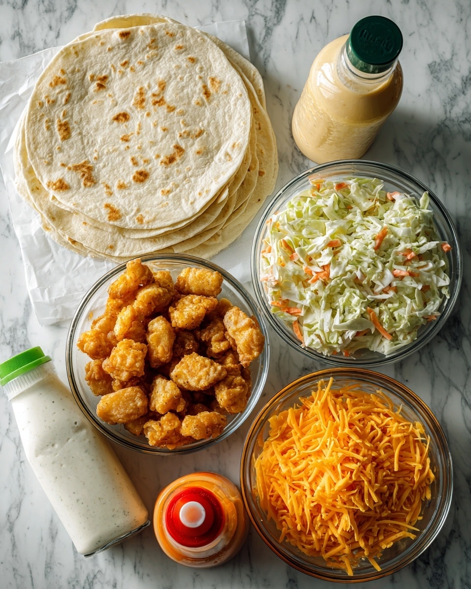 The image shows a flat lay of ingredients for a buffalo chicken wrap on a white marbled surface. On the left side, a stack of light beige flour tortillas is spread out. In the center, there is a clear glass bowl filled with golden brown crispy chicken nuggets. To the right, another clear glass bowl holds white and pale green coleslaw mix with bits of orange carrot. Below the bowls, there is a clear glass bowl filled with shredded orange cheddar cheese. Two bottles of dressing and sauce are placed at the bottom left: a white bottle of ranch dressing with a green cap, and an orange bottle of buffalo wing sauce with a red cap. At the top center sits a tilted bottle of creamy coleslaw dressing with a green cap. The scene is bright and clear, photo taken with an iphone --ar 4:5 --v 7