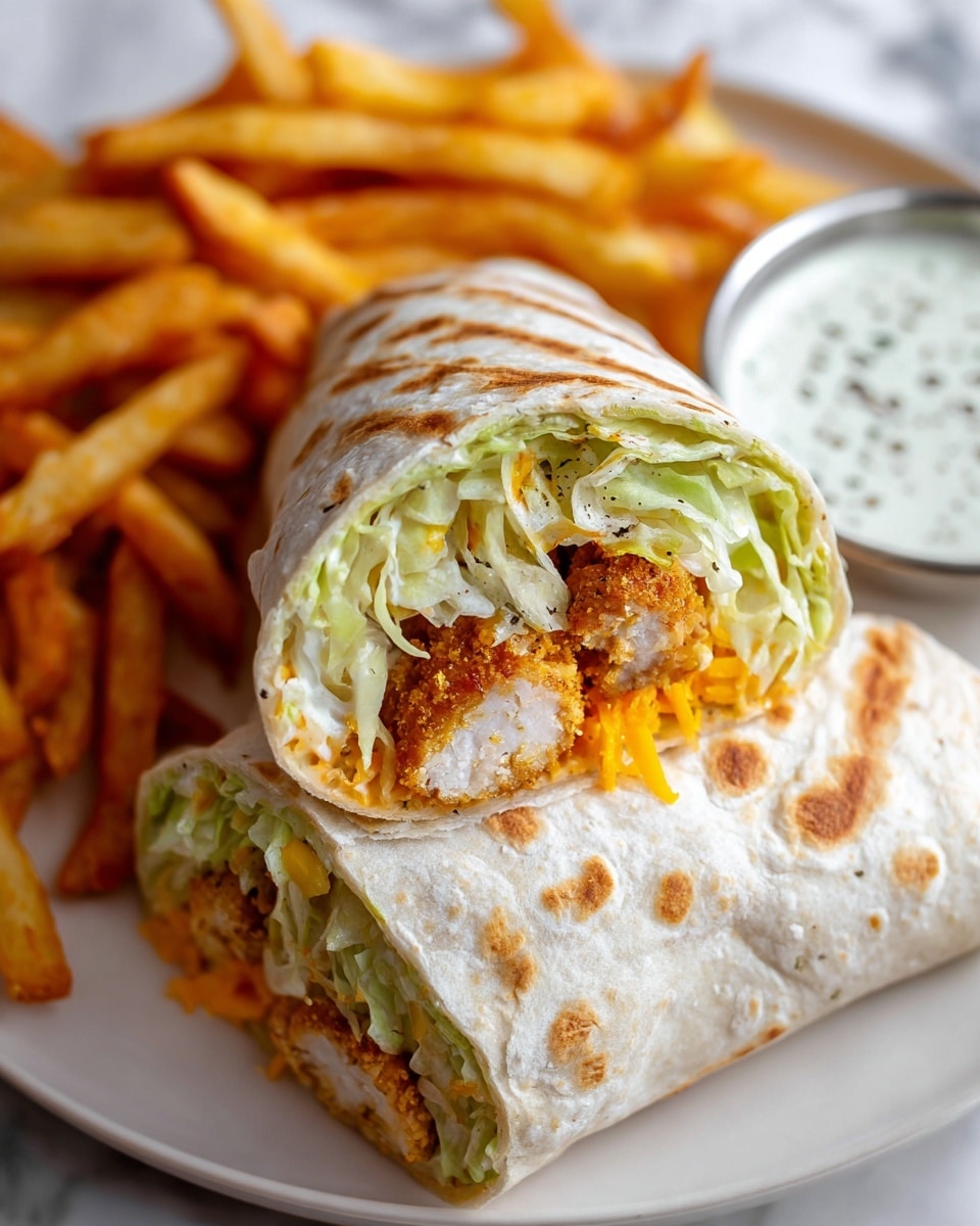 A close-up view of a tortilla wrap cut in half, showing three main layers inside: crunchy fried chicken with a golden brown color and crispy texture in the center, a layer of shredded pale green lettuce above, and a layer of bright orange shredded cheese at the bottom. The wrap is soft and white with some light brown spots. The wrap sits on a white plate with golden brown fries around it on a white marbled surface. A cup of creamy white dipping sauce with black pepper specks near the bottom edge of the image adds a smooth texture contrast. Photo taken with an iphone --ar 4:5 --v 7