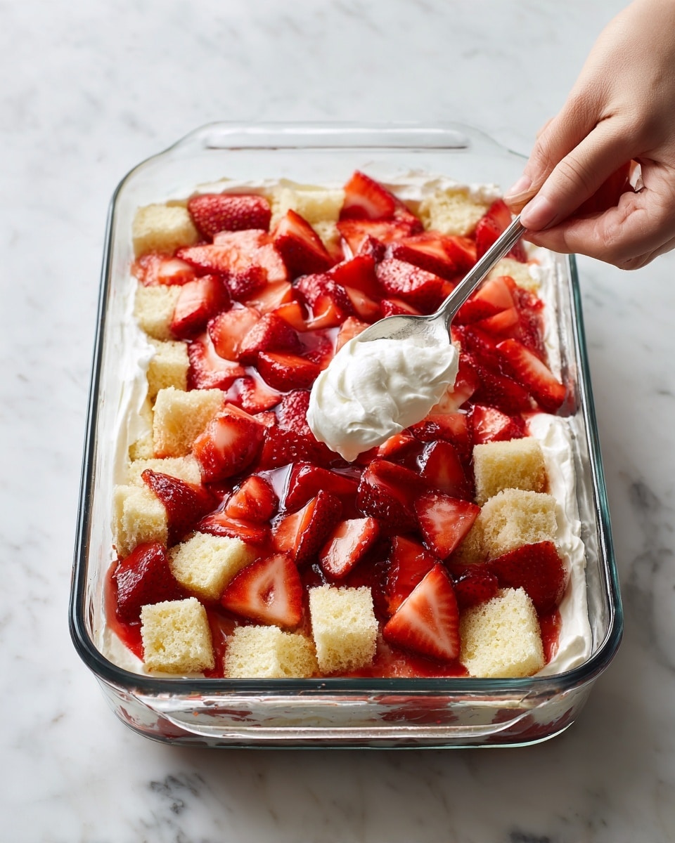 A clear glass baking dish sits on a white marbled surface, showing layers being made for a dessert. The first layer is white cream spread evenly at the bottom. On top of this, bright red strawberry pieces with syrup are spread out, their shiny texture visible. Woman's hand uses a silver spoon to smooth this layer. Next, pale yellow cake cubes with soft, spongy texture are added evenly over the strawberries by woman's hand. Finally, another layer of white cream is spread on top of the cake cubes using a spoon held by woman's hand, covering the cubes partly, creating a textured surface. Photo taken with an iphone --ar 4:5 --v 7