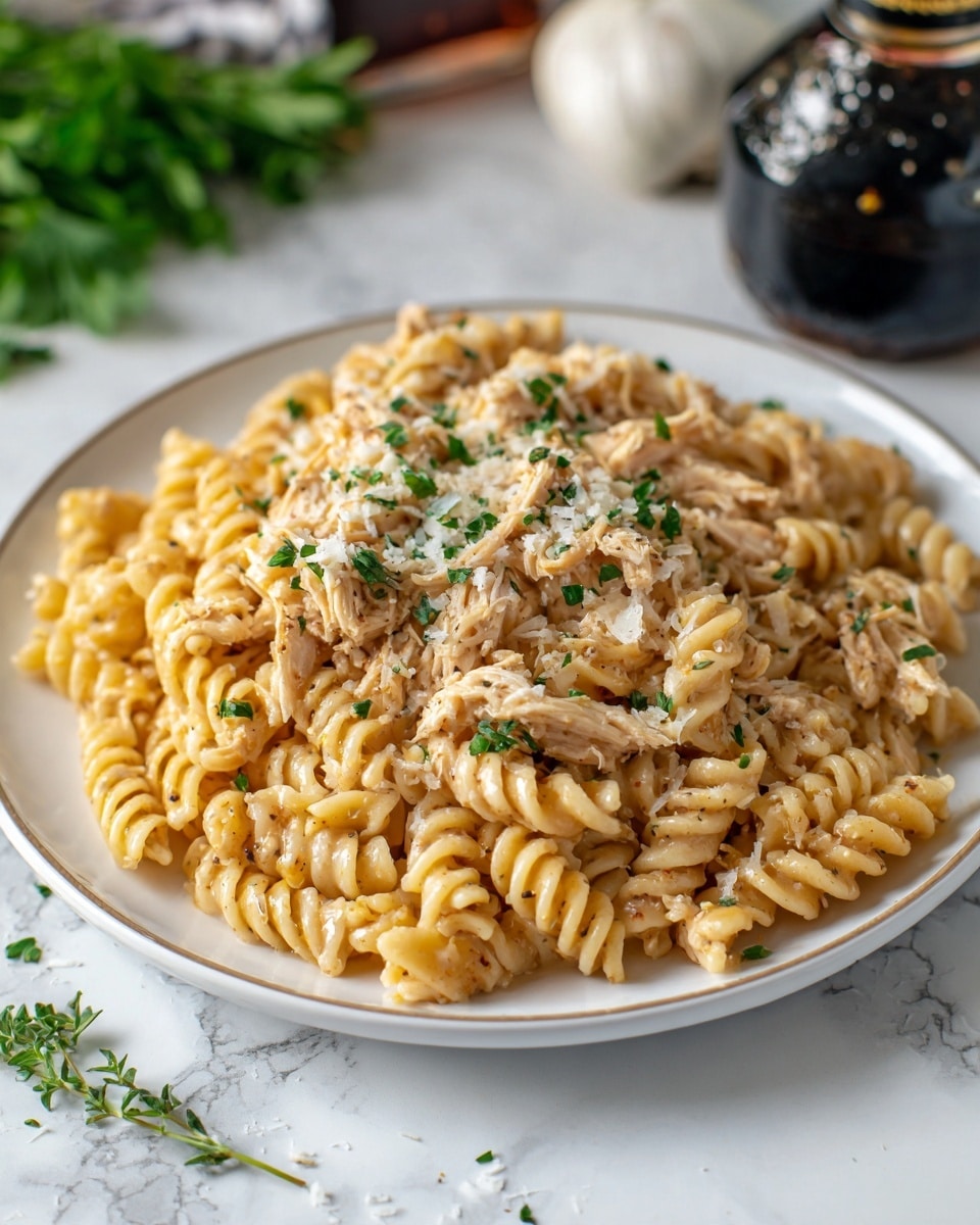 A white plate holds a pile of spiral pasta mixed with shredded chicken, both coated evenly in a creamy light beige sauce. Small bits of grated white cheese and tiny green herb pieces are sprinkled on top, adding texture and color. The plate sits on a white marbled surface with a bottle of dark sauce and a garlic bulb blurred in the background. Some fresh green herbs lie on the white marbled surface near the plate. Photo taken with an iphone --ar 4:5 --v 7
