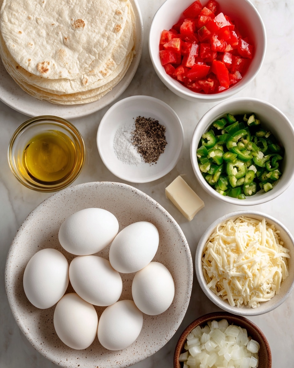 The image shows a collection of ingredients arranged on a white marbled surface. In the center, there is a white speckled bowl holding six white eggs. To the left, a small stack of white flour tortillas is placed next to a small glass bowl filled with golden oil. Above the eggs, there is a small white bowl with a block of butter beside another white bowl containing chopped bright red tomatoes. To the right of these, a white bowl holds chopped green jalapeño pieces  there is a white bowl filled with shredded pale yellow cheese, and near the bottom of the image, a brown bowl contains diced white onions. Additionally, a tiny white bowl with a mix of salt and black pepper . All the ingredients are neatly arranged and clearly visible. Photo taken with an iphone --ar 4:5 --v 7