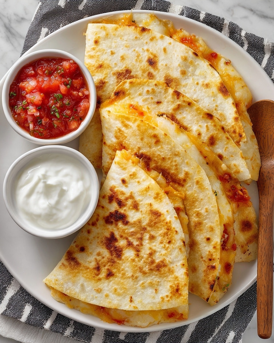 There are four golden-brown folded quesadillas stacked on a white plate, each showing a crispy outer layer with some darker spots and a soft inside layer filled with melted cheese and bits of vegetables or meat peeking out. On the left side of the plate, there are two small round white bowls, one filled with chunky red salsa featuring visible tomato pieces and the other with smooth white sour cream. A wooden spoon rests near the salsa bowl, and the plate is set on a cloth with dark and light stripes, all placed on a white marbled surface. Photo taken with an iphone --ar 4:5 --v 7