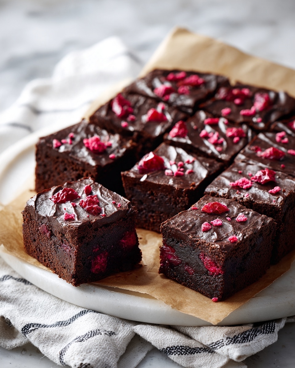 A square chocolate brownie is cut into sixteen smaller squares, all placed on a piece of brown parchment paper. Each piece has a shiny dark chocolate top layer sprinkled with bright red dried fruit pieces. One piece is slightly moved from the main group, showing a thick dark brown base layer with chunks of red fruit inside. The brownies rest on a white plate, set on a white marbled surface, with a white cloth having thin black stripes nearby. Photo taken with an iphone --ar 4:5 --v 7
