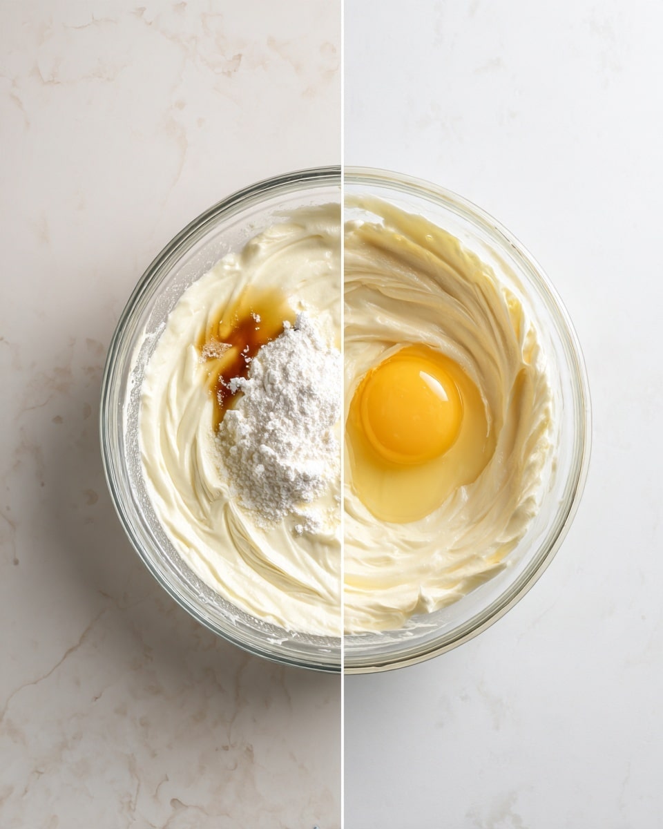 The image is divided into two parts showing a clear glass bowl placed on a white marbled surface filled with a creamy white mixture with a smooth, whipped texture. On the left side, the bowl contains the creamy mix with a dollop of white powder and a small splash of dark brown vanilla extract on top, creating a contrast of colors within the bowl. On the right side, the same creamy mixture is shown with a single raw egg with a yellow yolk and translucent white sitting on top of it, ready to be mixed in. Both bowls rest on the white marbled surface, highlighting the colors and textures inside the glass bowls. Photo taken with an iphone --ar 4:5 --v 7