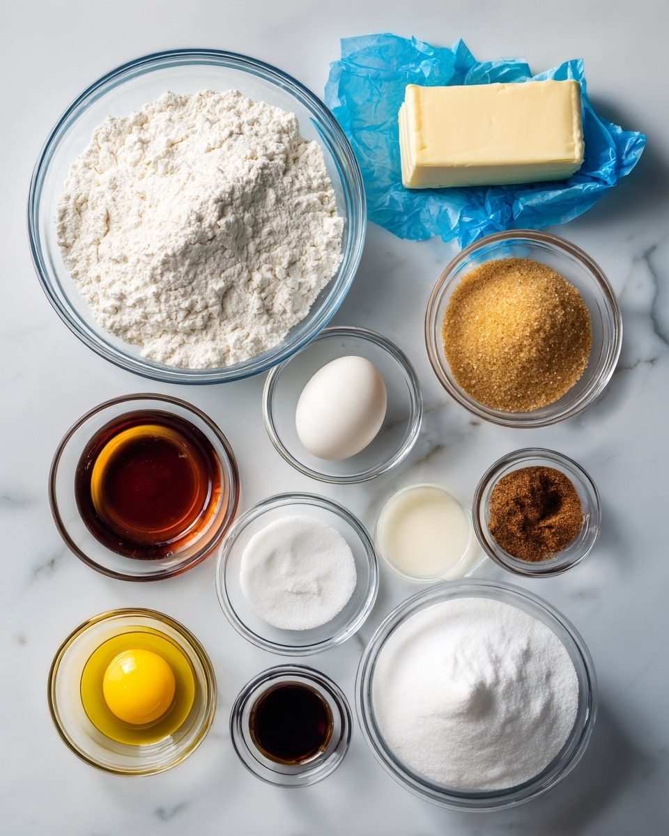 The image shows several glass bowls and a butter stick arranged on a white marbled surface. At the top left, there is a large glass bowl filled with white all purpose flour. To the right of it, a stick of butter is placed with blue wrapping slightly open. Below the flour bowl is a medium glass bowl with amber maple syrup. Beside it to the right, a smaller glass bowl contains two sections of sugar – light brown sugar on top and white granulated sugar below. Below the maple syrup is a glass bowl with a white egg and an egg yolk. Next to the egg bowl, a tiny glass bowl holds dark brown vanilla extract. To the right, there are two very small glass bowls with white baking powder and baking soda, and a pinch of salt on the far right. Below the sugar bowl is a medium white bowl filled with powdered sugar. Below the powdered sugar, a glass measuring cup holds white heavy cream. Nearby, a small glass bowl contains bright yellow mustard, and another small glass bowl holds brown spices labeled cinnamon, nutmeg, and allspice. All items are neatly spaced with clear labels on each ingredient. Photo taken with an iphone --ar 4:5 --v 7