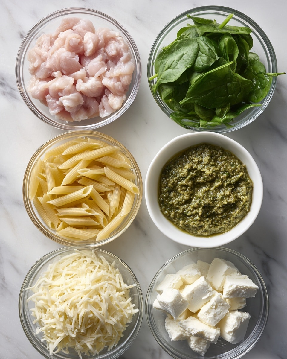 The image shows six clear glass bowls arranged on a white marbled surface. At the top left is a bowl filled with small, pink raw chicken pieces. To its right is a bowl full of fresh, dark green spinach leaves. Below the chicken bowl is a white bowl filled with uncooked yellow penne pasta. To the right of the pasta bowl is a glass bowl of green pesto sauce with a thick, rough texture. Below the pesto is a clear bowl containing white cream cheese in soft chunks. On the bottom left is another clear bowl filled with shredded pale yellow Parmesan cheese. Each bowl is neatly placed and clearly holds separate ingredients. Photo taken with an iphone --ar 4:5 --v 7