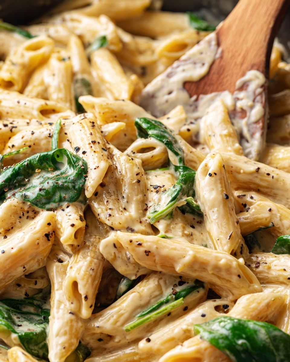 A close-up view of a creamy pasta dish showing one layer of penne pasta in a thick pale yellow sauce speckled with black pepper. Mixed in are some green spinach leaves, adding small bursts of dark green color. A wooden spatula with a light brown handle and a round, broad end coated in sauce rests among the pasta. The background is a white marbled texture. photo taken with an iphone --ar 4:5 --v 7