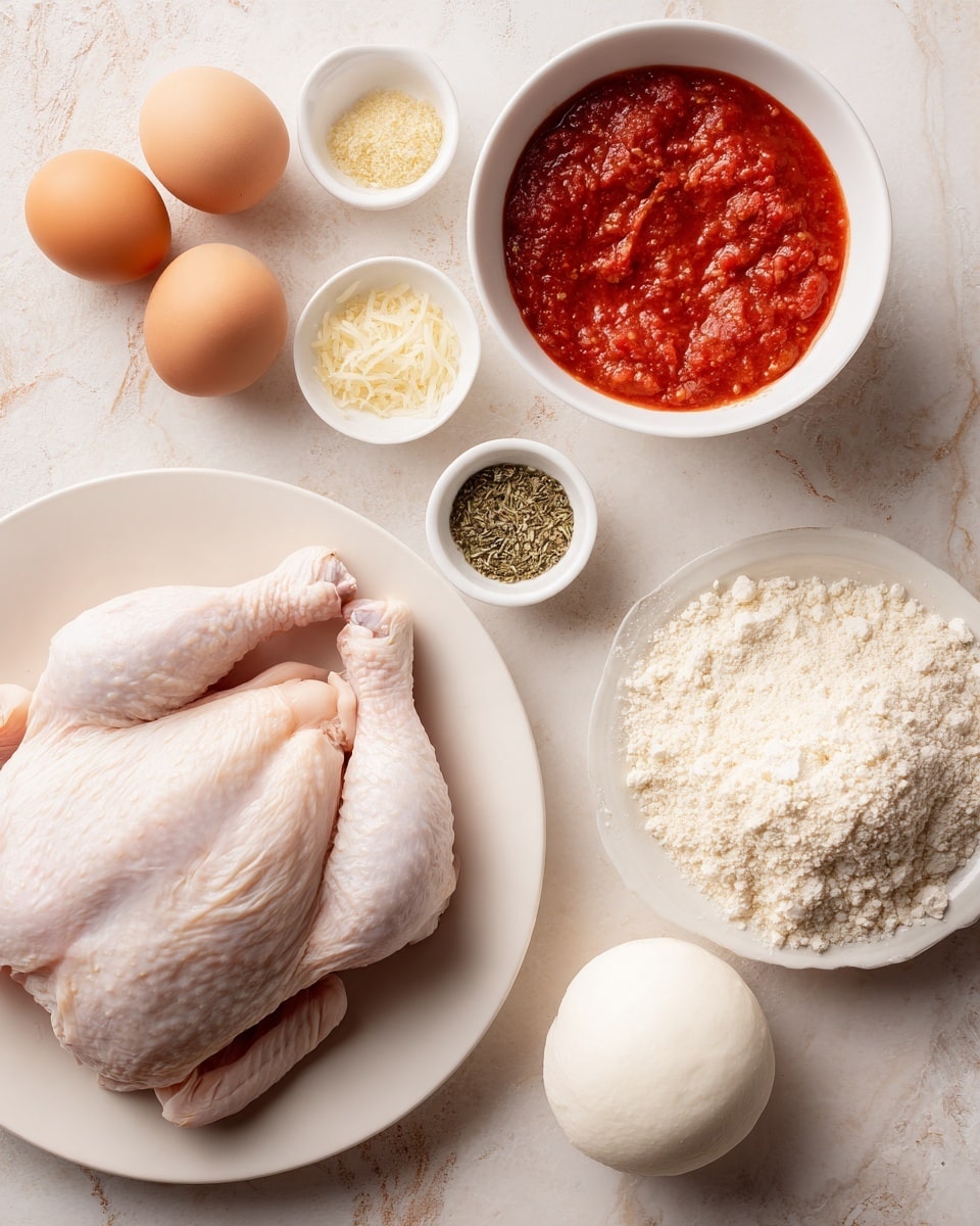 A top view shows fresh raw chicken with smooth pale pink skin placed on a white plate at the bottom left; to the right is a white bowl full of chunky bright red tomato sauce. Above the chicken is a small white plate with four different small piles of dry herbs and spices in light green, pale yellow, and dark green. Around the main items are small white bowls holding light beige breadcrumbs, white flour, a smooth round white ball of mozzarella cheese, and grated pale cheese. Two fresh whole brown eggs are seen toward the top left on a white marbled texture surface. Photo taken with an iphone --ar 4:5 --v 7