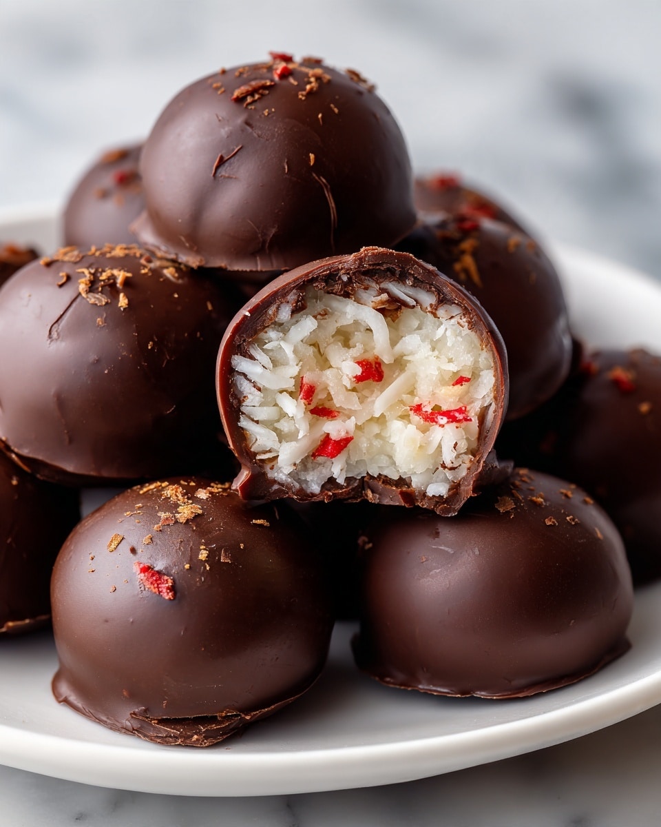 A close-up view of round chocolate balls stacked together on a white plate, each with a smooth dark chocolate outer layer. One chocolate ball is cut open in the center, revealing a creamy white filling with visible shredded coconut and small bright red pieces mixed inside, adding texture and color contrast. The chocolate shell has a slightly shiny surface with small cracks near the opening. The background shows a white marbled surface, and the photo is sharp with a focus on the opened chocolate ball. Photo taken with an iphone --ar 4:5 --v 7