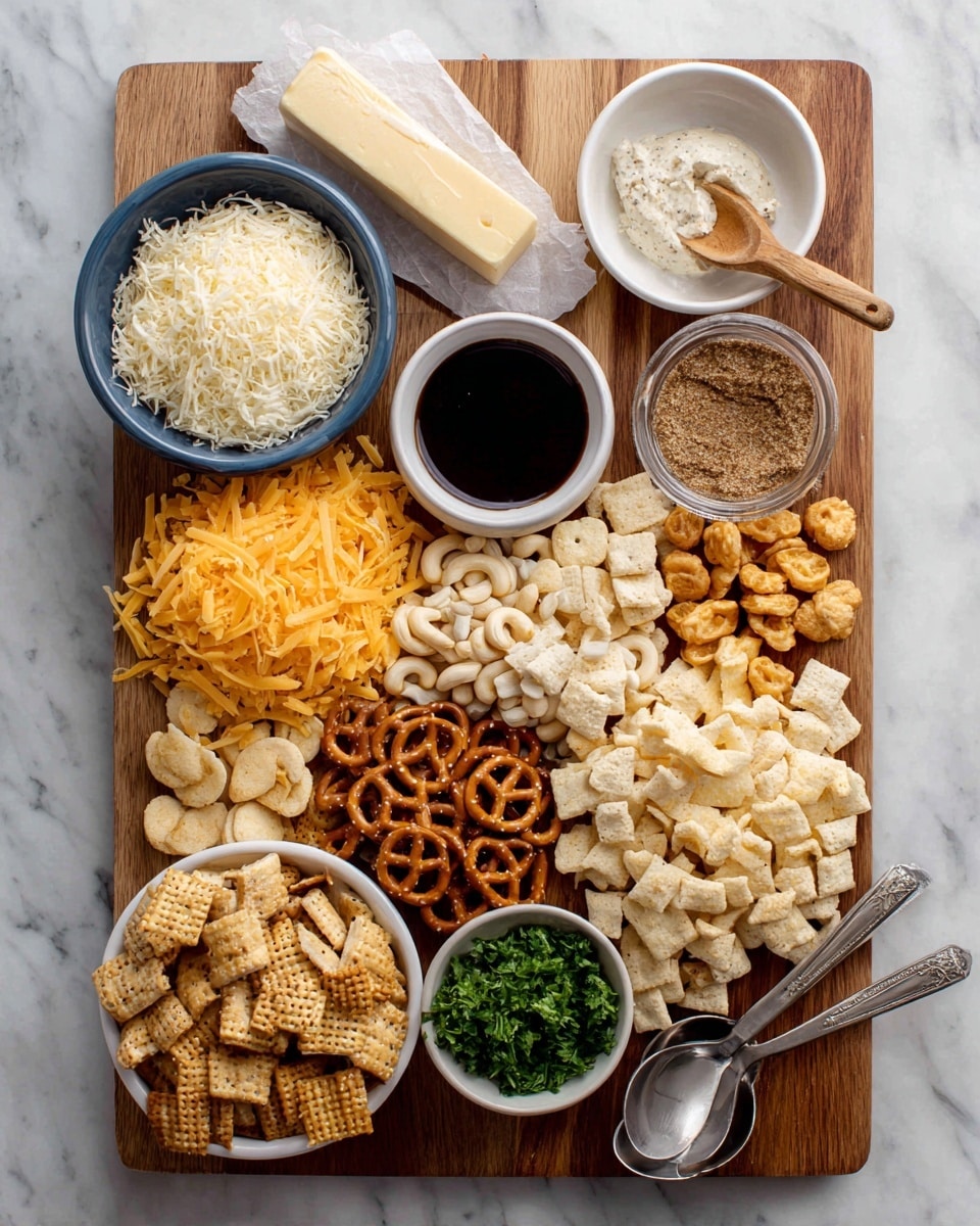 A large wooden board on a white marbled surface holds many snack ingredients arranged neatly: a blue bowl filled with grated parmesan cheese at the top left, a stick of butter wrapped in paper placed above the board, a small white bowl with dark Worcestershire sauce near the top center, and a white bowl with dry ranch dressing mix and a wooden spoon on the top right. Below these are several piles on the board: bright orange cheddar cheese crackers, light brown peanuts, creamy round oyster crackers, pale yellow-white cheddar cheese crackers, dark brown pretzel snaps, light tan mini pretzel twists, off-white Rice Chex cereal squares, and brown Wheat Chex cereal squares. To the far right is a metal measuring spoon filled with chopped green parsley. All ingredients are clearly separated and labeled in black text. Photo taken with an iphone --ar 4:5 --v 7