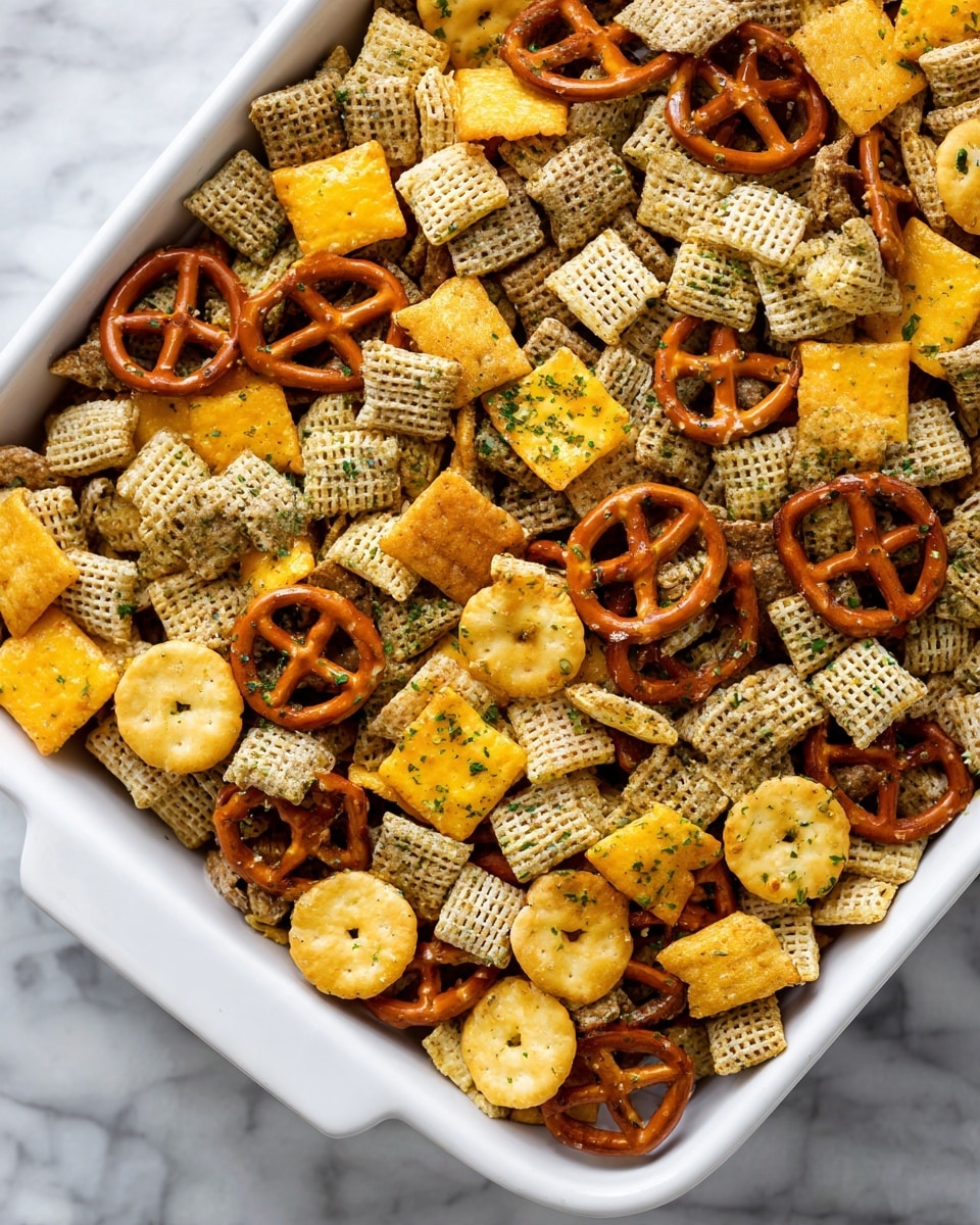 A white rectangular dish filled with a snack mix that has several layers of different shapes and colors. The bottom layer is made of light brown, small square cereal pieces with a woven texture. Scattered among these are light yellow round crackers with a smooth surface and a small hole in the center. On top, there are bright yellow square crackers sprinkled with green herbs, giving a speckled appearance. Mixed throughout are small, twisted pretzels in a medium brown shade, some with a grid pattern and others twisted in classic pretzel shapes. The overall texture is crunchy and varied, with the snack mix filling the dish fully, resting on a white marbled surface. Photo taken with an iphone --ar 4:5 --v 7