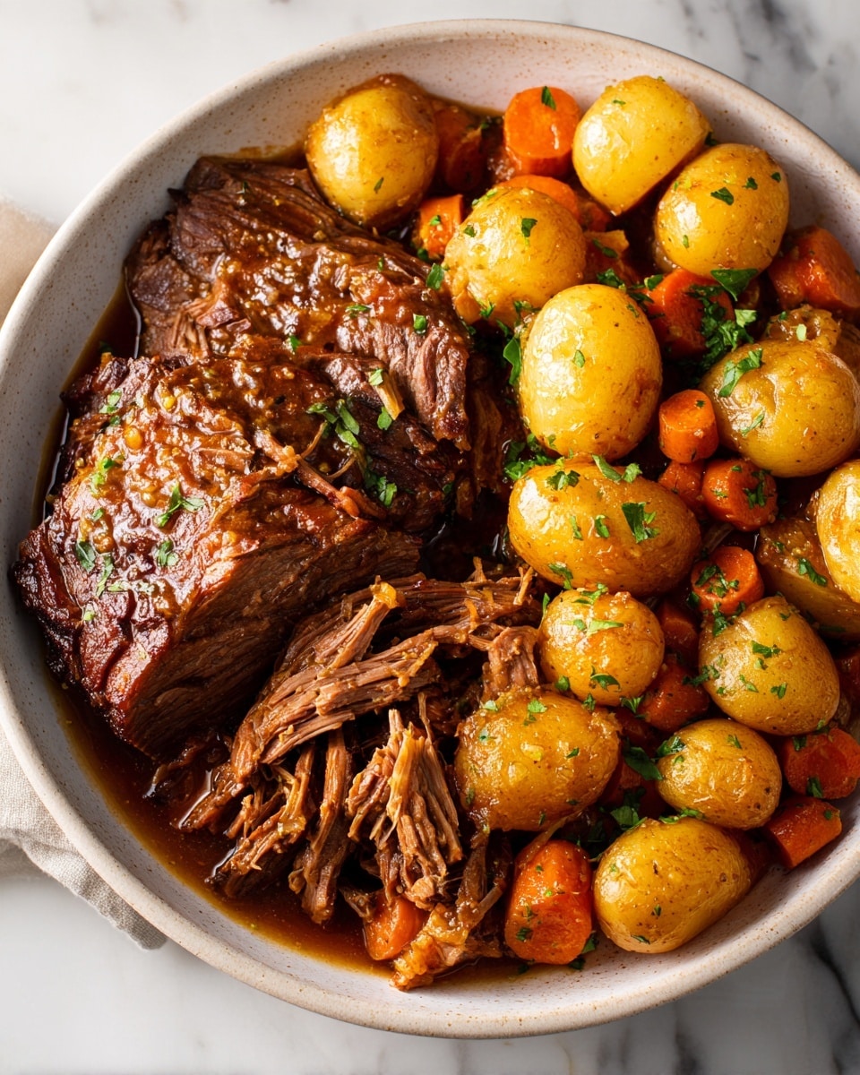 A close-up image of a slow-cooked pot roast dish with two main sections: on the left, a thick, dark brown piece of meat with a rich texture, and on the right, shredded pieces of the same meat, both covered lightly with a brown gravy. Surrounding the meat are chunky golden-brown baby potatoes and bright orange carrot pieces, mixed with small bits of green herbs scattered on top. The dish sits on a white marbled surface, and the whole image has a warm, inviting look. Photo taken with an iphone --ar 4:5 --v 7