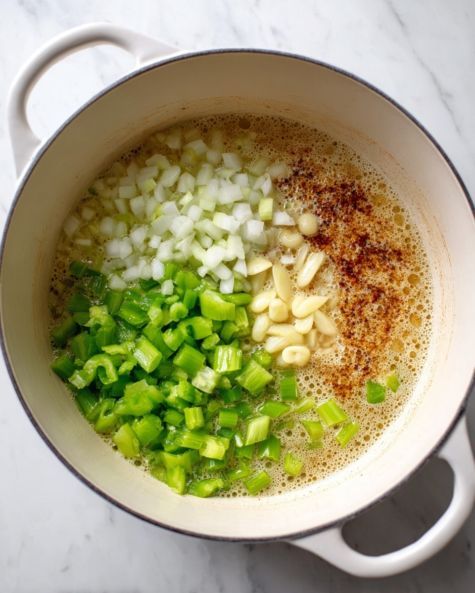 A white pot filled with sizzling oil and browned bits at the bottom shows three fresh layers of ingredients arranged on top. On the left side, there is a layer of small white onion cubes. To the right of the onions, there is a green layer of chopped bell peppers and celery pieces mixed together. In the center, a small pile of pale yellow thinly sliced garlic rests between the white onions and green vegetables. The oil bubbles gently around the vegetables, creating a light sheen inside the pot. The whole scene is set on a white marbled surface. Photo taken with an iphone --ar 4:5 --v 7