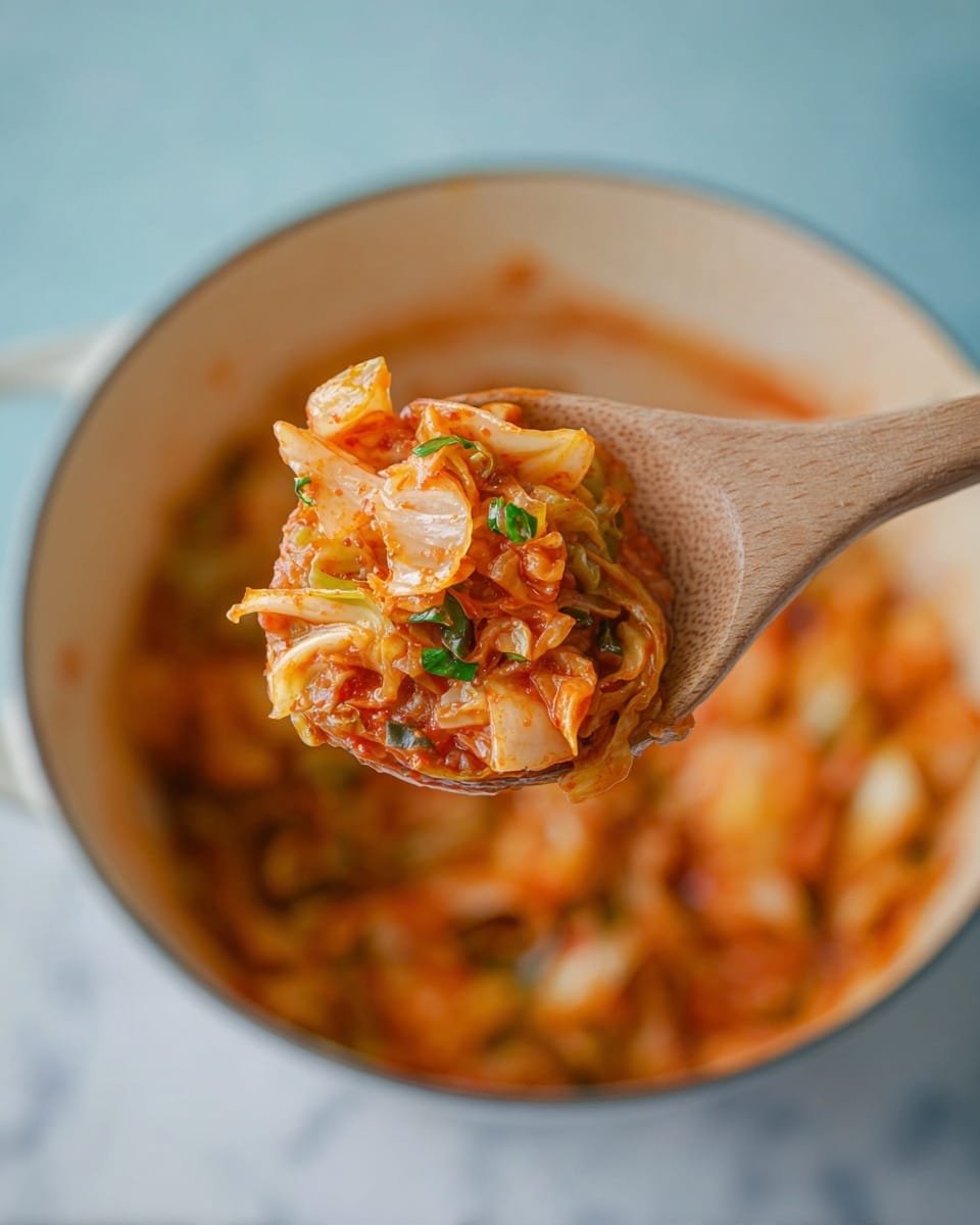 A wooden spoon holds a close-up scoop of cooked cabbage mixed with small pieces of a light orange and green vegetable, all coated in a thick reddish-orange sauce, showing soft and slightly shiny textures. Beneath the spoon is a white pot filled with the same cabbage mixture, all set against a white marbled surface and a pale blue background. The image focuses on the spoonful with the pot blurred in the background, creating depth. Photo taken with an iphone --ar 4:5 --v 7