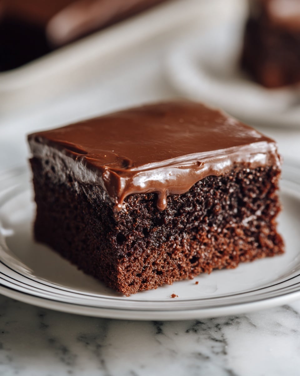 A single square piece of chocolate cake with two visible layers sits in the center of a white plate with black rings near the edge. The bottom layer is a moist, crumbly dark brown cake with small air pockets. The top layer is a thick, smooth, and shiny milk chocolate frosting spread evenly across the surface, slightly dripping at the edges. The background features a white marbled texture, softly blurred to keep focus on the cake. Photo taken with an iphone --ar 4:5 --v 7