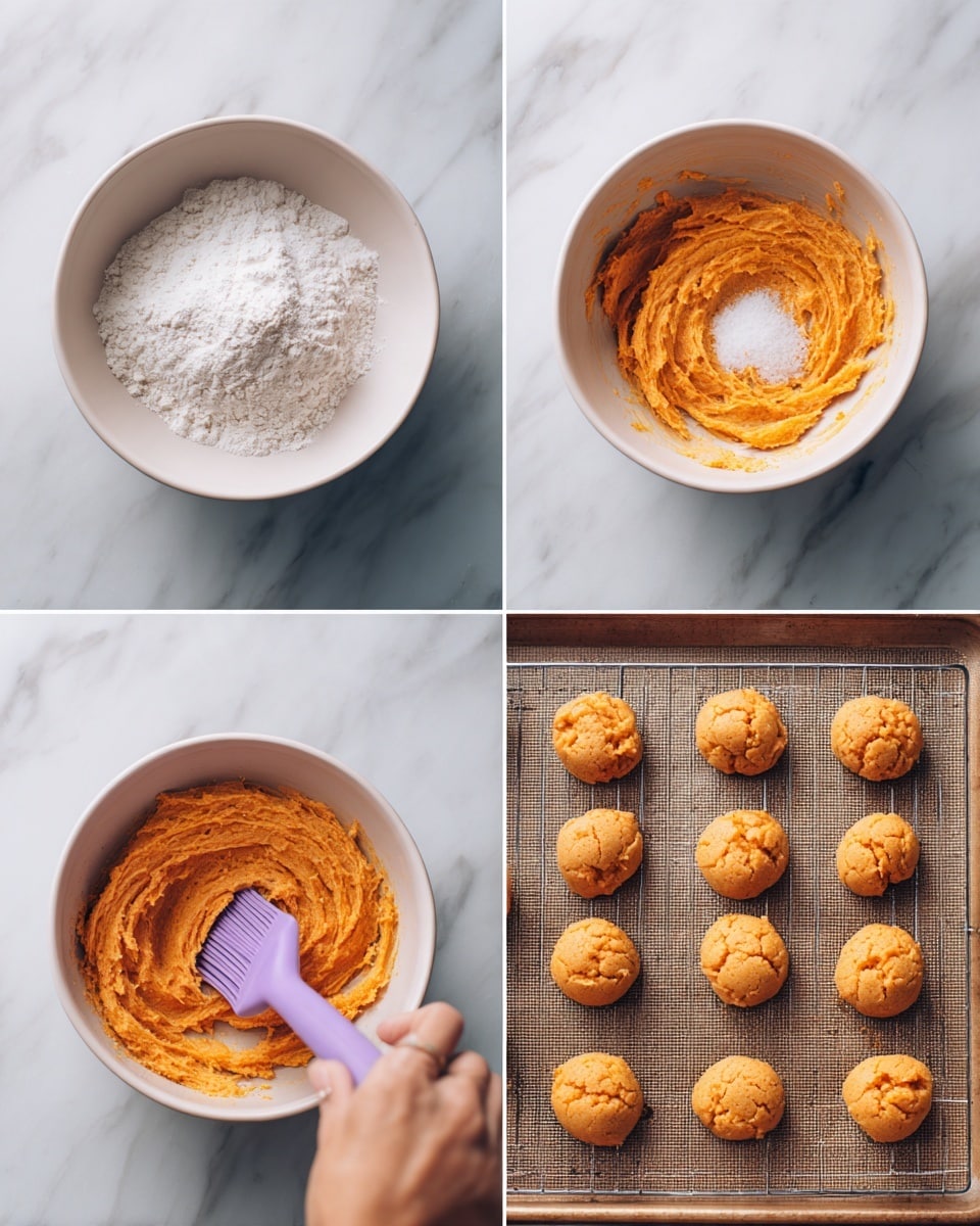 The first part shows a white bowl with white powder on one side and orange dough on the other side, placed on a white marbled surface; the second part shows the same bowl with the orange dough mixed and thick, with a purple spatula inside, on the same surface; the third part has a woman’s hand placing small round cookie dough balls spaced apart on a brown baking sheet; the fourth part displays baked golden-brown cookies with some darker spots cooling on a wire rack above the white marbled surface. photo taken with an iphone --ar 4:5 --v 7