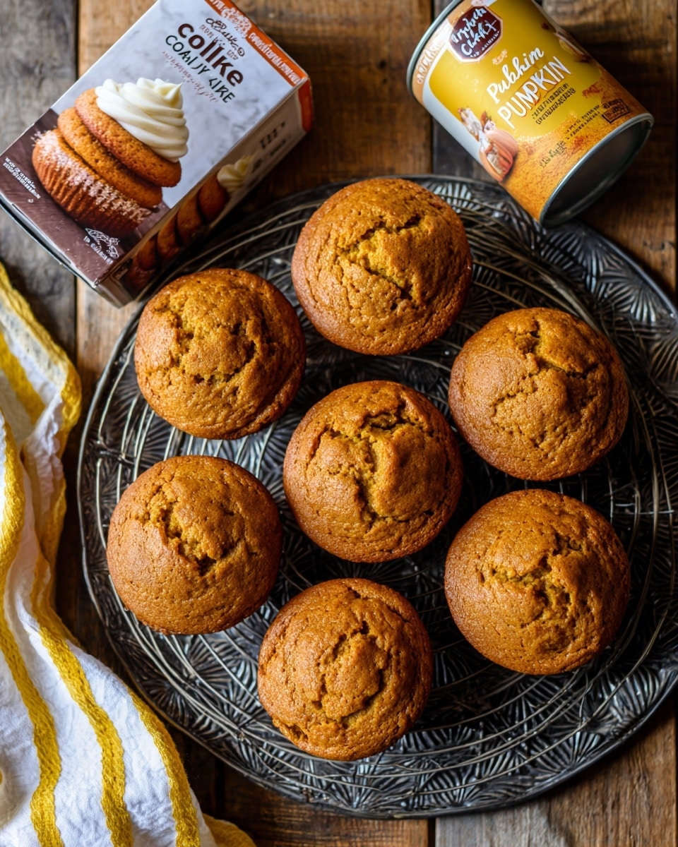 Nine round pumpkin muffins with a golden brown color and a soft, cracked texture are arranged on a metal wire cooling rack placed on a dark patterned tray. The tray sits on a wooden surface. In the top left corner, a box of spice cake mix with an image of a layered pumpkin cake covered in creamy white frosting is partially visible. In the top right corner, a can of pure pumpkin is placed. A yellow and white striped cloth is partly visible in the bottom left corner. photo taken with an iphone --ar 4:5 --v 7