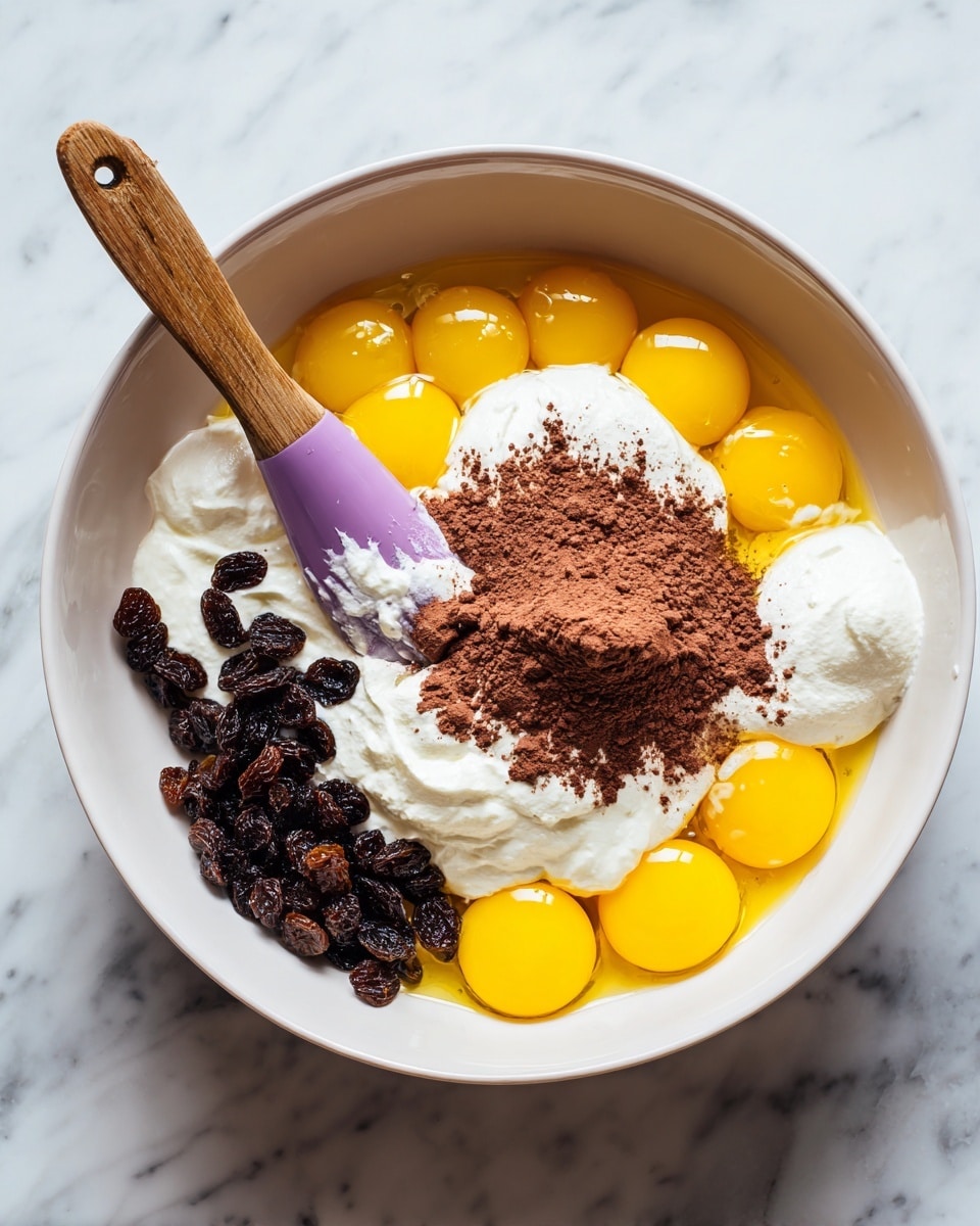 A white bowl with multiple ingredients layered inside for mixing: six bright yellow egg yolks spread mostly around the right and bottom edges, white creamy yogurt or sour cream dolloped in several places with one large dollop on the right and smaller ones on the left, a pile of dark brown raisins near the center top, a heap of light brown cocoa powder sprinkled in the middle, and a wooden spatula with purple silicone tip coated in white cream resting on the left side. The background surface is a white marbled texture. photo taken with an iphone --ar 4:5 --v 7