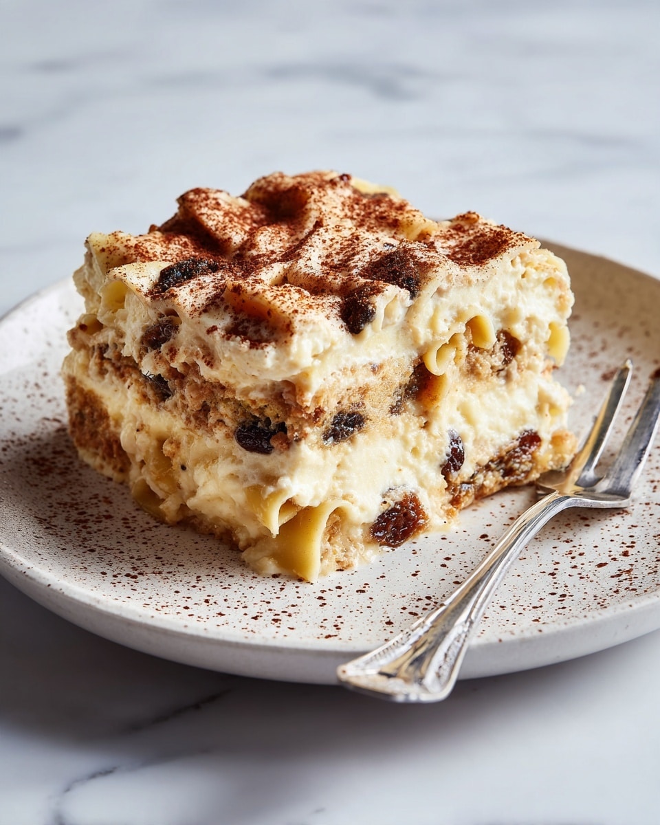 The image shows a round pasta casserole with one quarter removed, sitting in a dark cooking pot. The casserole has three visible layers: the top layer consists of light yellow cooked egg noodles arranged loosely with a few dark raisins scattered on top; the middle layer is a light cream mixed with small bits of white cheese or cottage cheese, giving a soft texture; the bottom layer is a slightly darker, firm base, likely formed by a baked mixture. The noodles have a slight browning in some spots, and the pot has some crumbs and a few raisins inside on the side. The background surface around the pot is a white marbled texture photo taken with an iphone --ar 4:5 --v 7